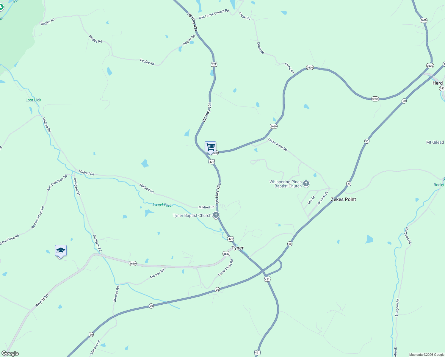 map of restaurants, bars, coffee shops, grocery stores, and more near 10874 U.S. 421 in Tyner