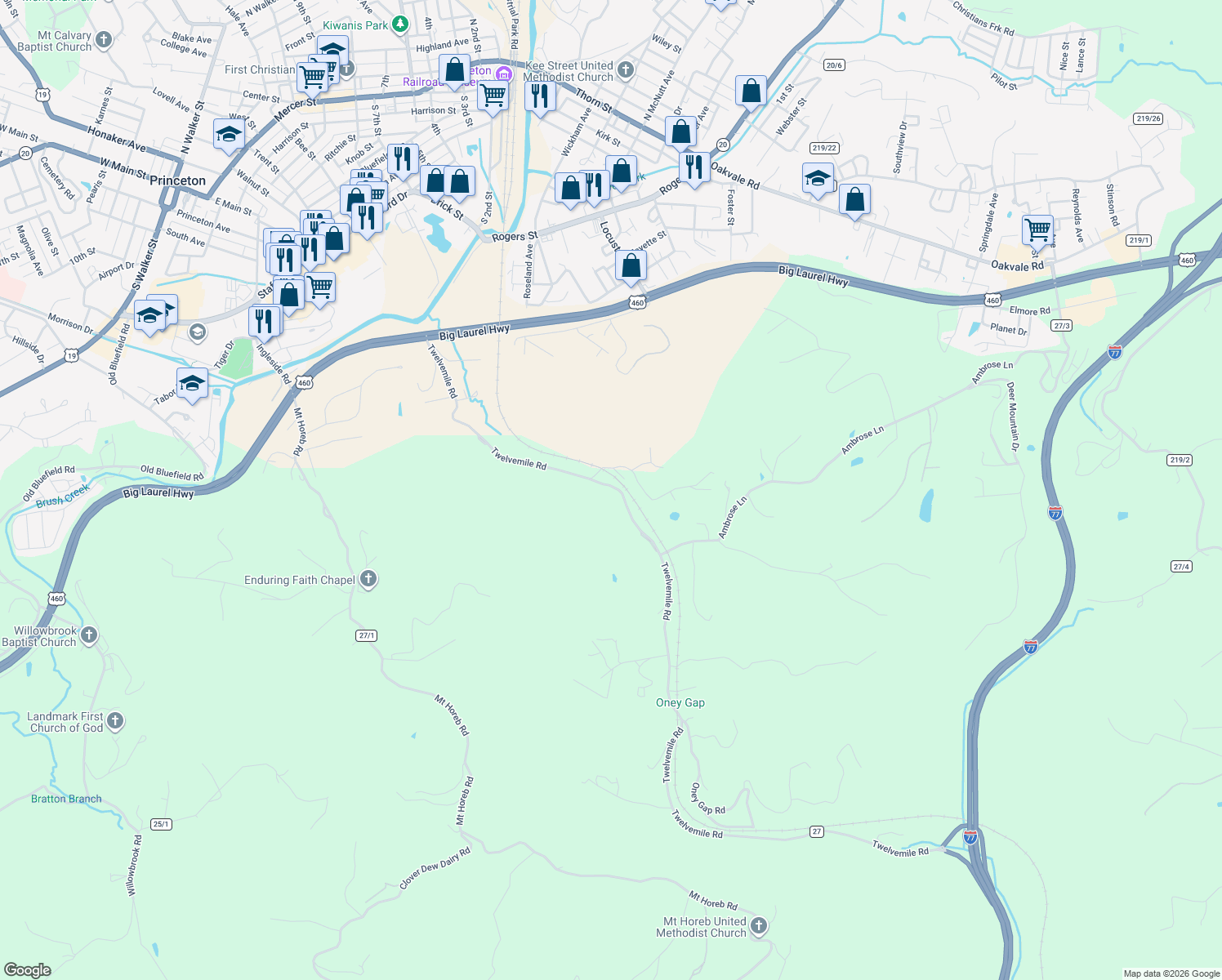 map of restaurants, bars, coffee shops, grocery stores, and more near 920 Twelvemile Road in Princeton