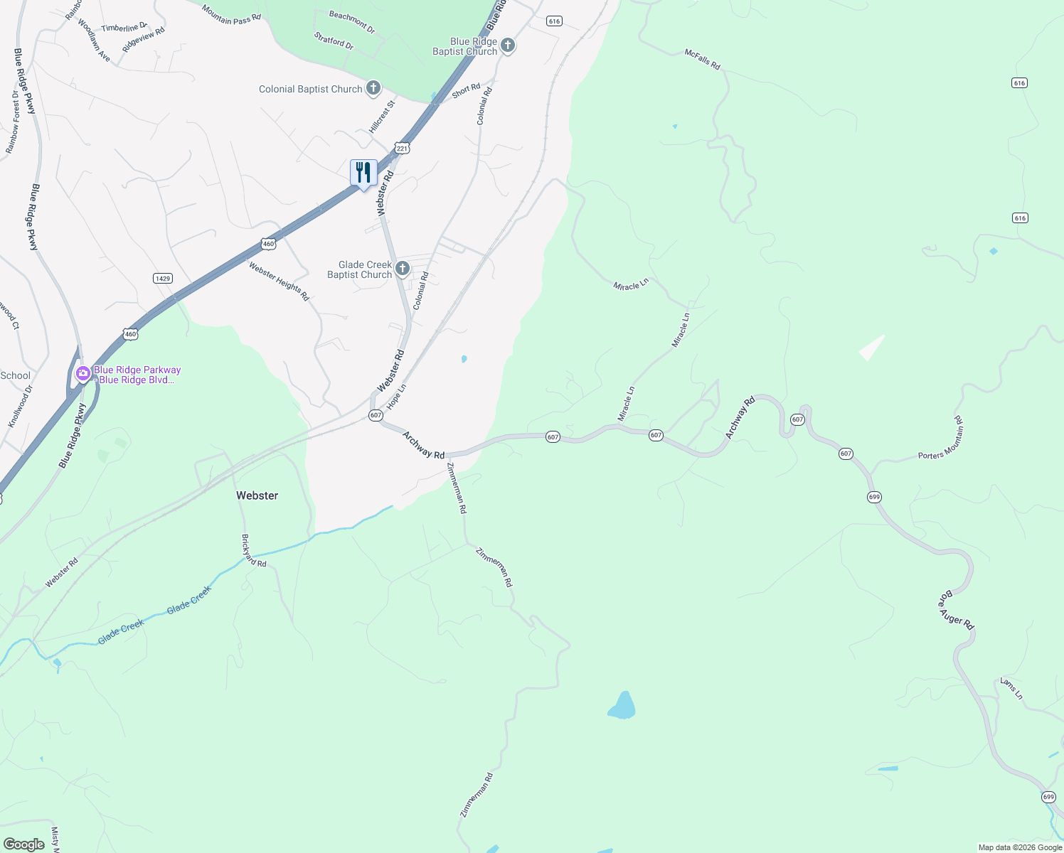 map of restaurants, bars, coffee shops, grocery stores, and more near 556-626 Archway Road in Blue Ridge