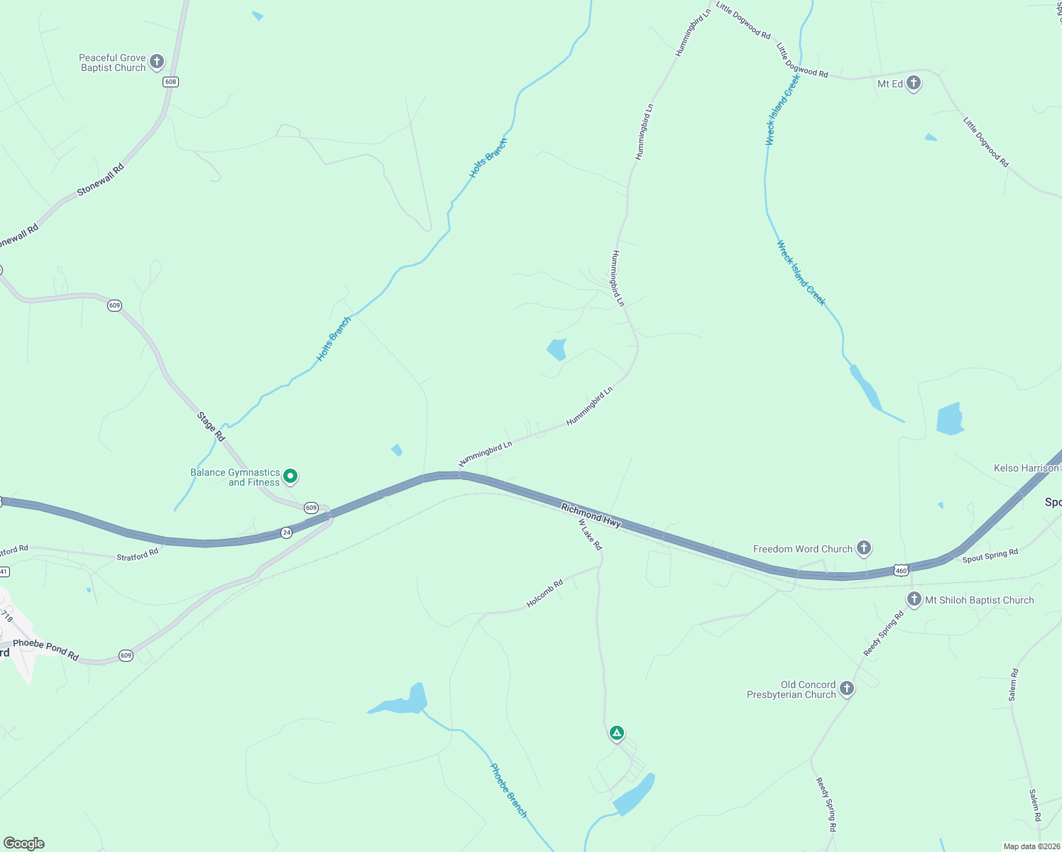 map of restaurants, bars, coffee shops, grocery stores, and more near 385 Hummingbird Lane in Spout Spring