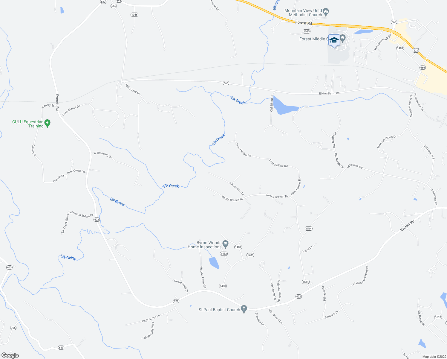 map of restaurants, bars, coffee shops, grocery stores, and more near 1251 Thompson Lane in Forest