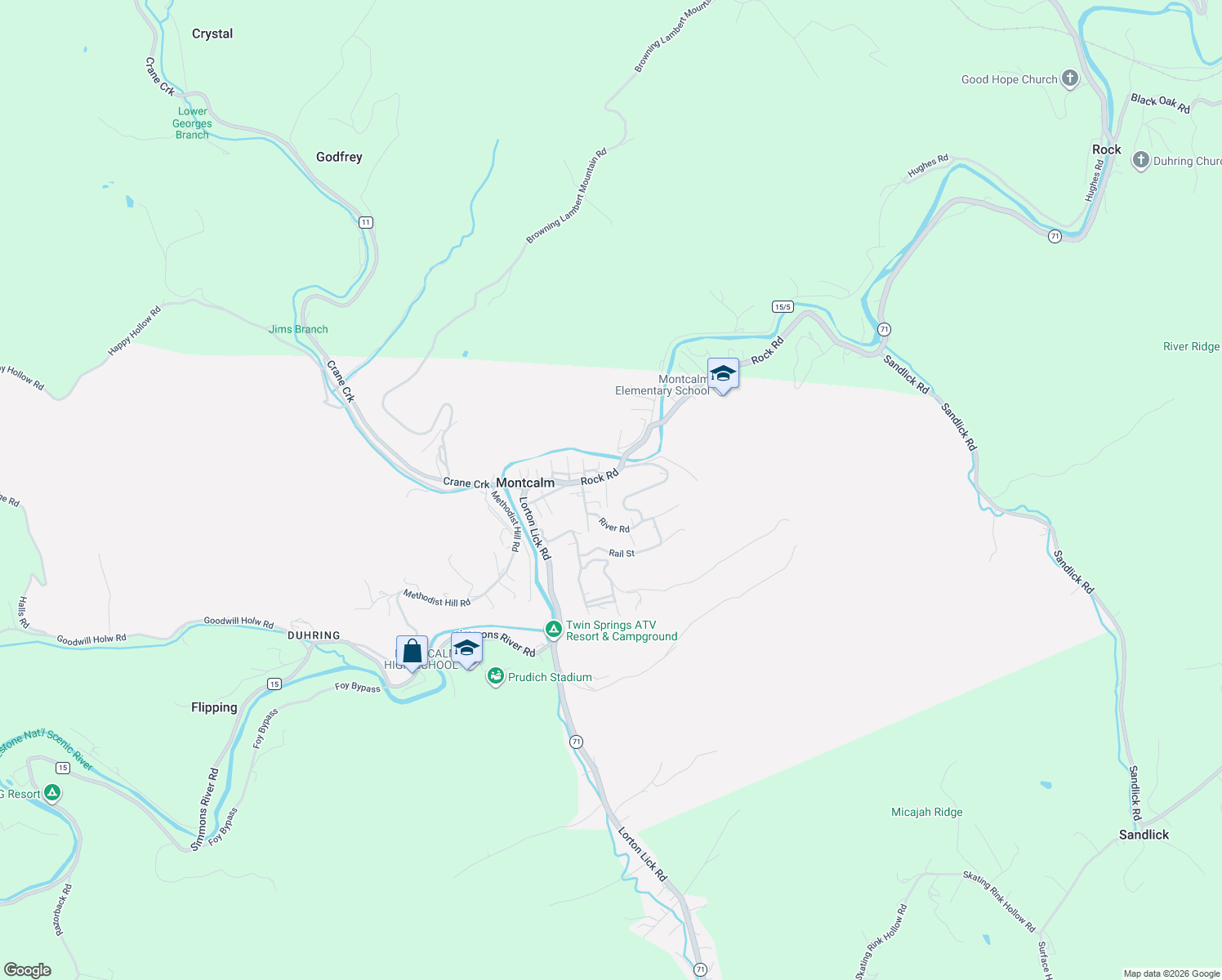 map of restaurants, bars, coffee shops, grocery stores, and more near County Highway 71/14 in Bluefield