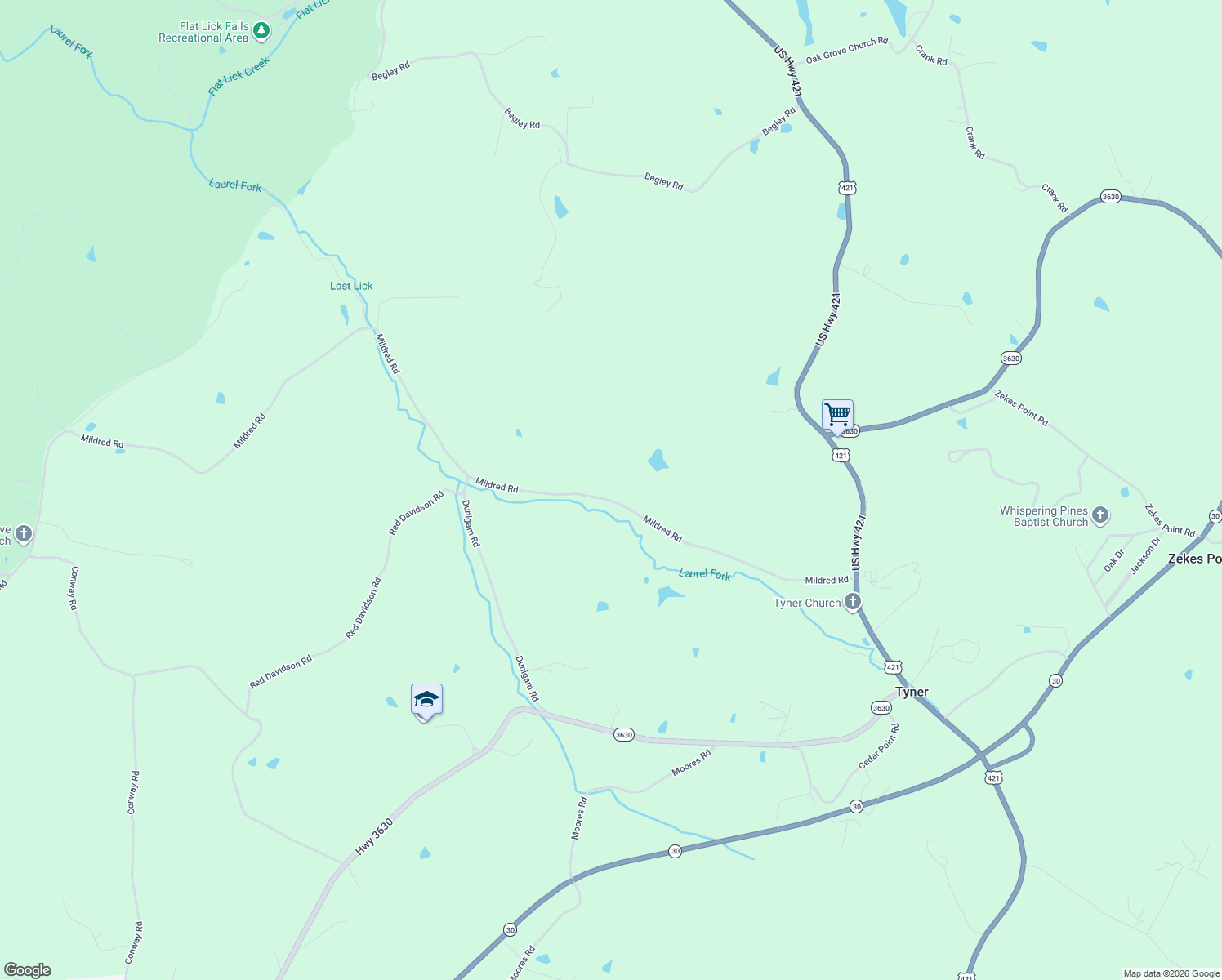 map of restaurants, bars, coffee shops, grocery stores, and more near 3633 Mildred Road in McKee