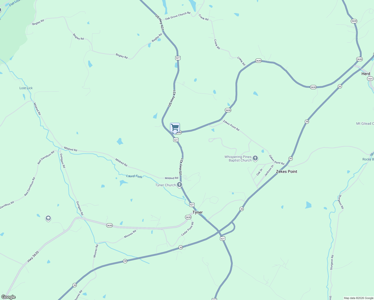 map of restaurants, bars, coffee shops, grocery stores, and more near 11018 U.S. 421 in Tyner