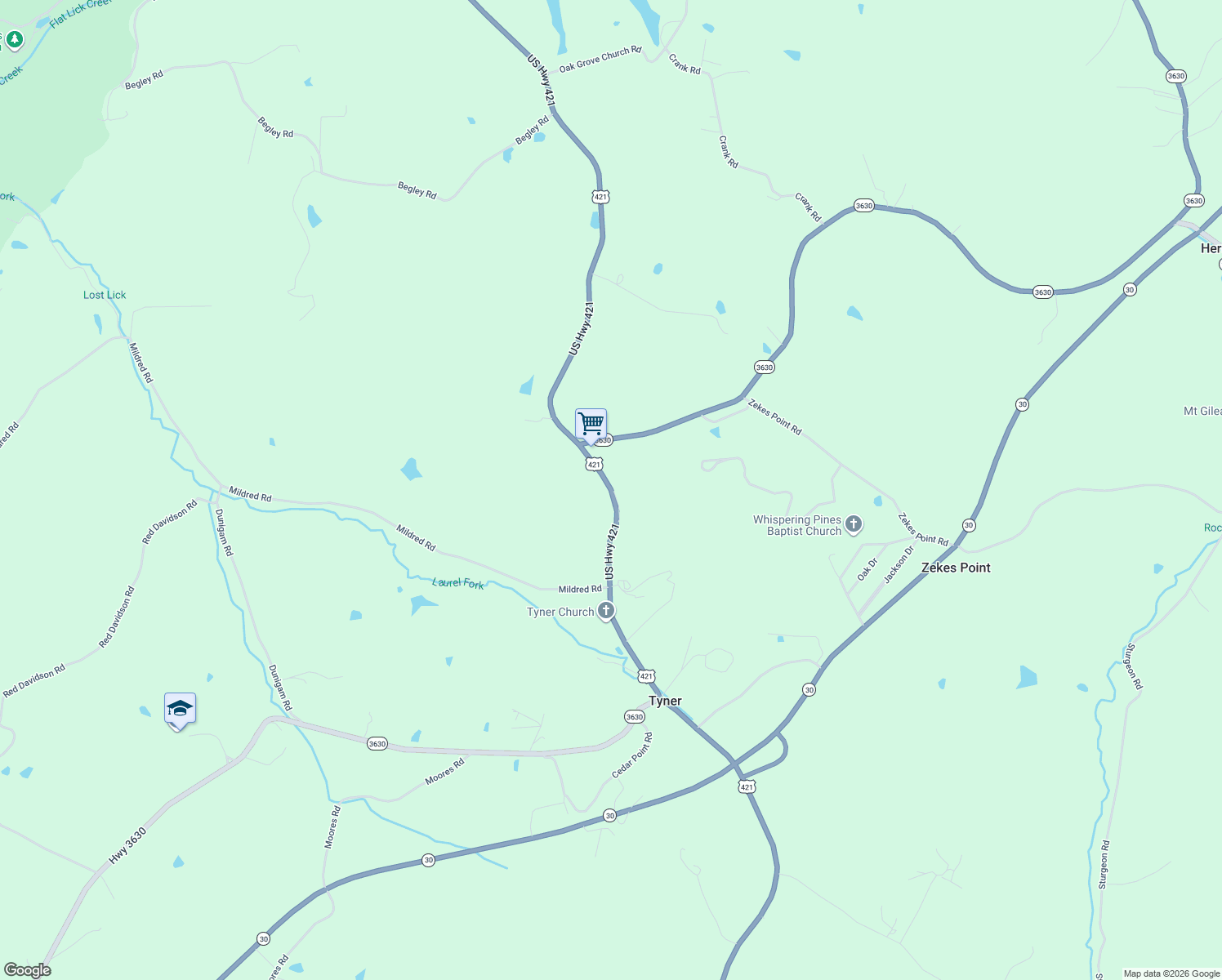 map of restaurants, bars, coffee shops, grocery stores, and more near 11018 U.S. 421 in Tyner