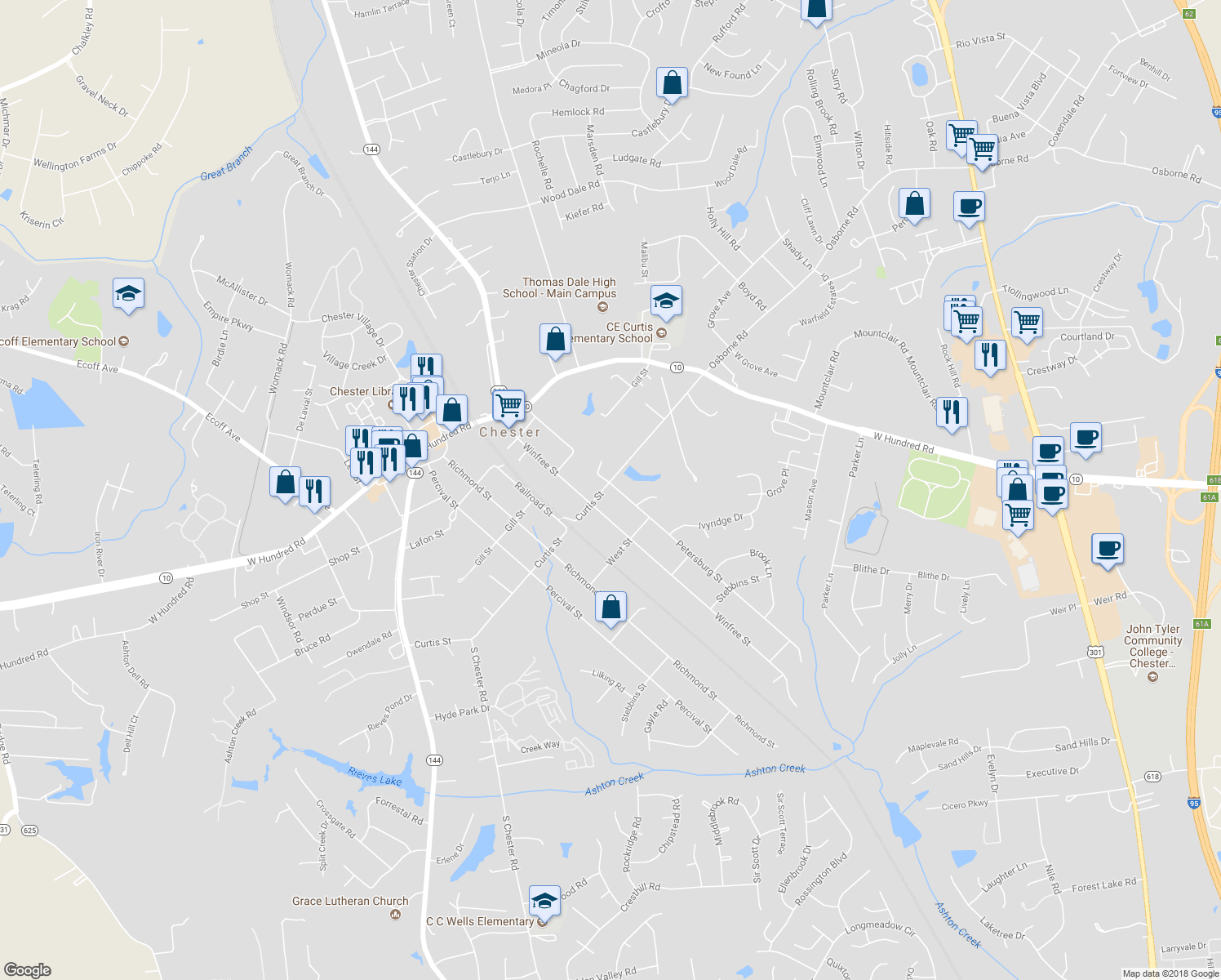 map of restaurants, bars, coffee shops, grocery stores, and more near 12300 Petersburg Street in Chester