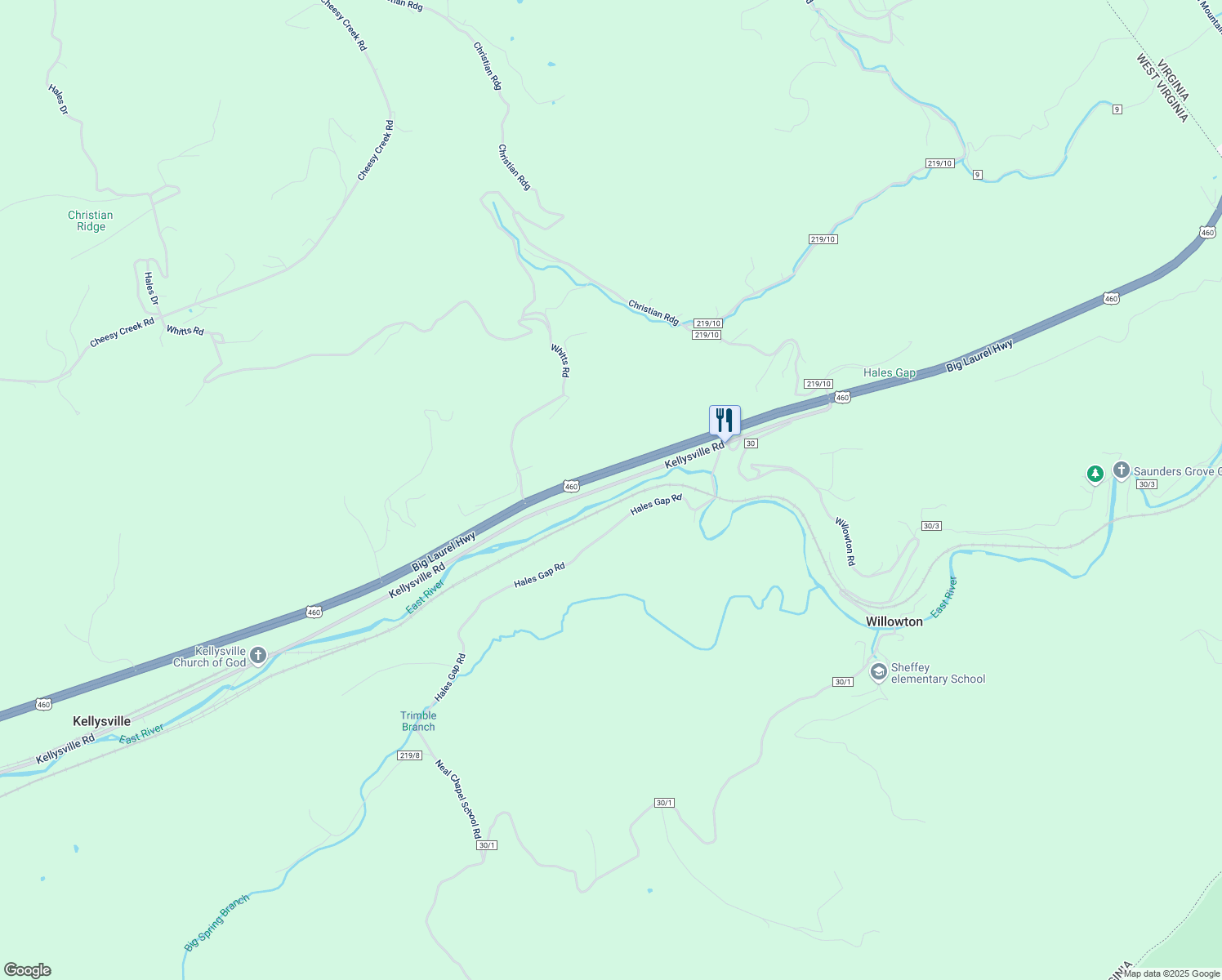 map of restaurants, bars, coffee shops, grocery stores, and more near 6190 Kellysville Road in Princeton