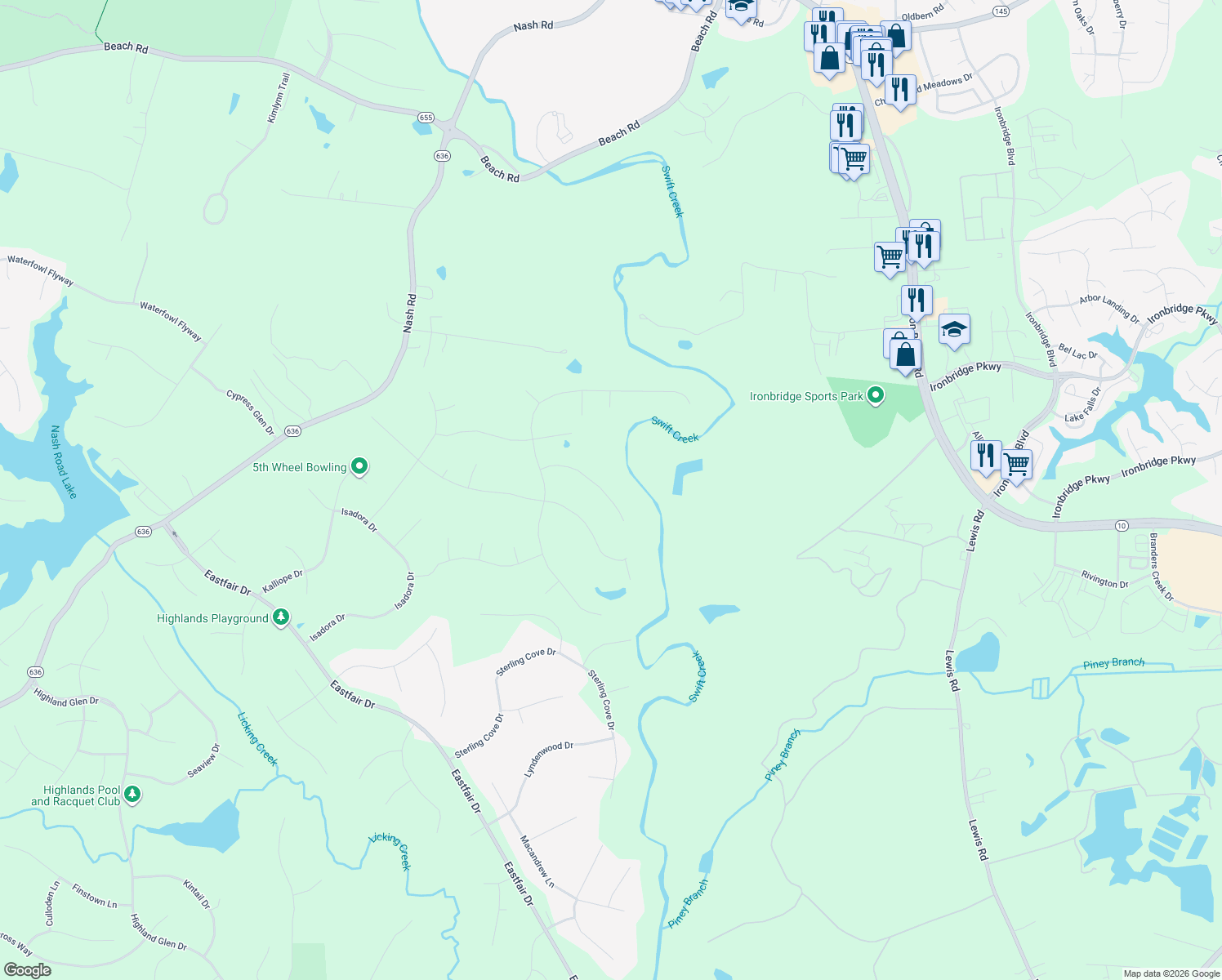 map of restaurants, bars, coffee shops, grocery stores, and more near 8124 Galatea Place in Chesterfield