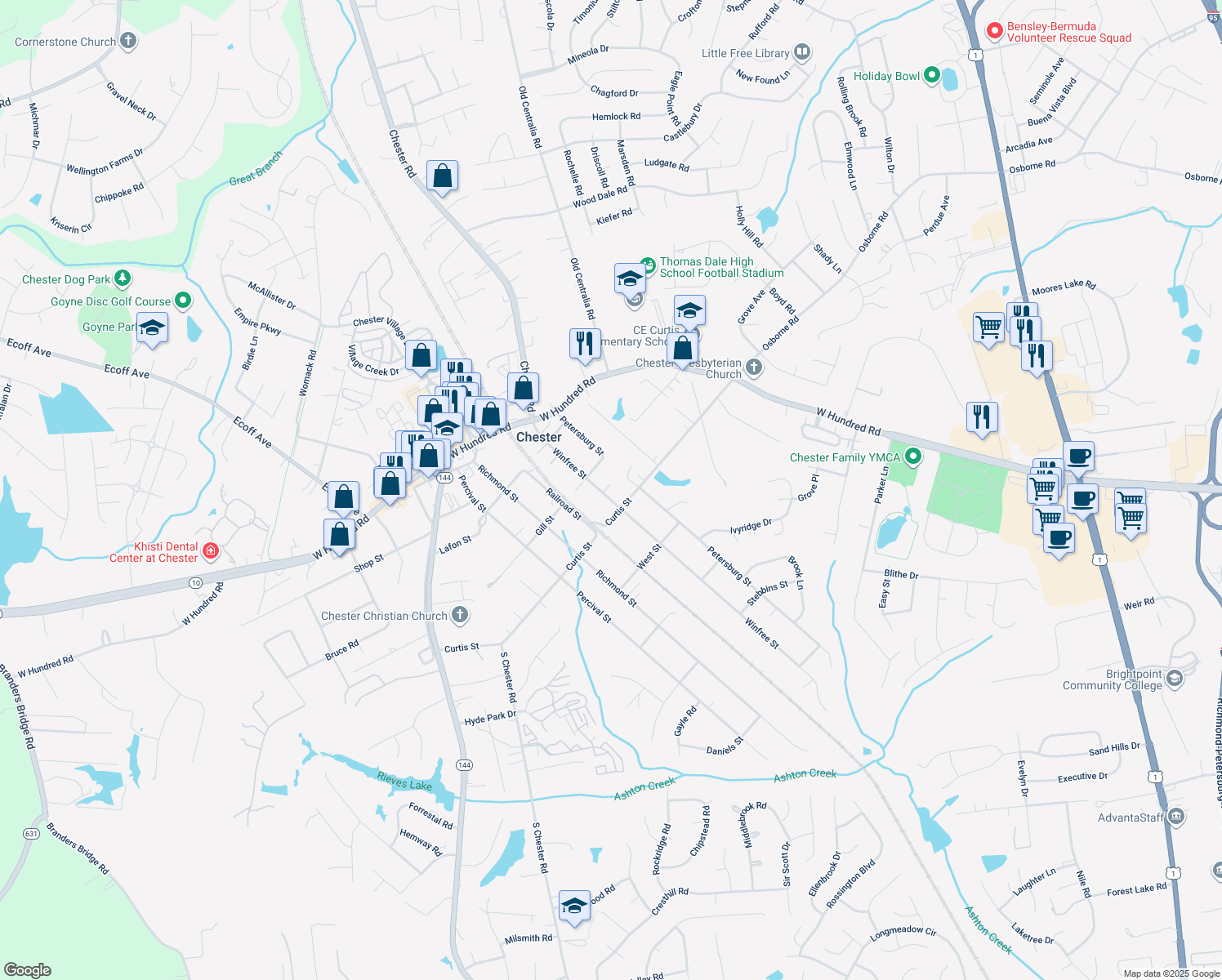 map of restaurants, bars, coffee shops, grocery stores, and more near 12225 Winfree Street in Chester