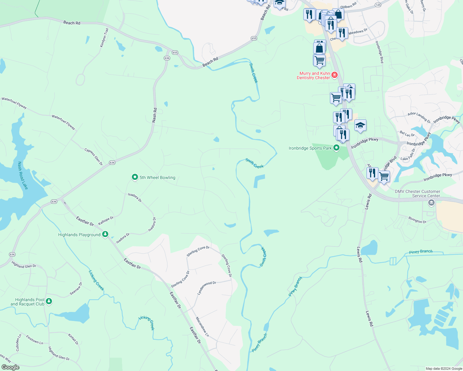 map of restaurants, bars, coffee shops, grocery stores, and more near 8124 Galatea Place in Chesterfield
