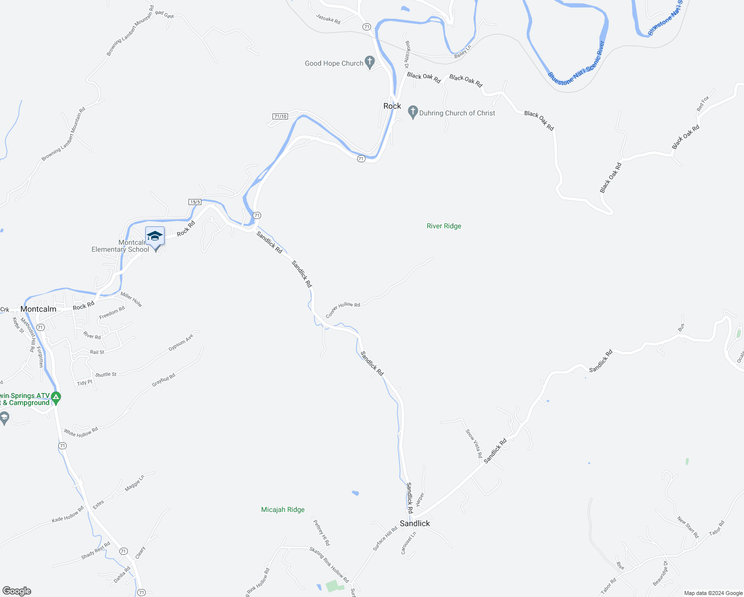map of restaurants, bars, coffee shops, grocery stores, and more near Corner Hollow Road in Bluefield