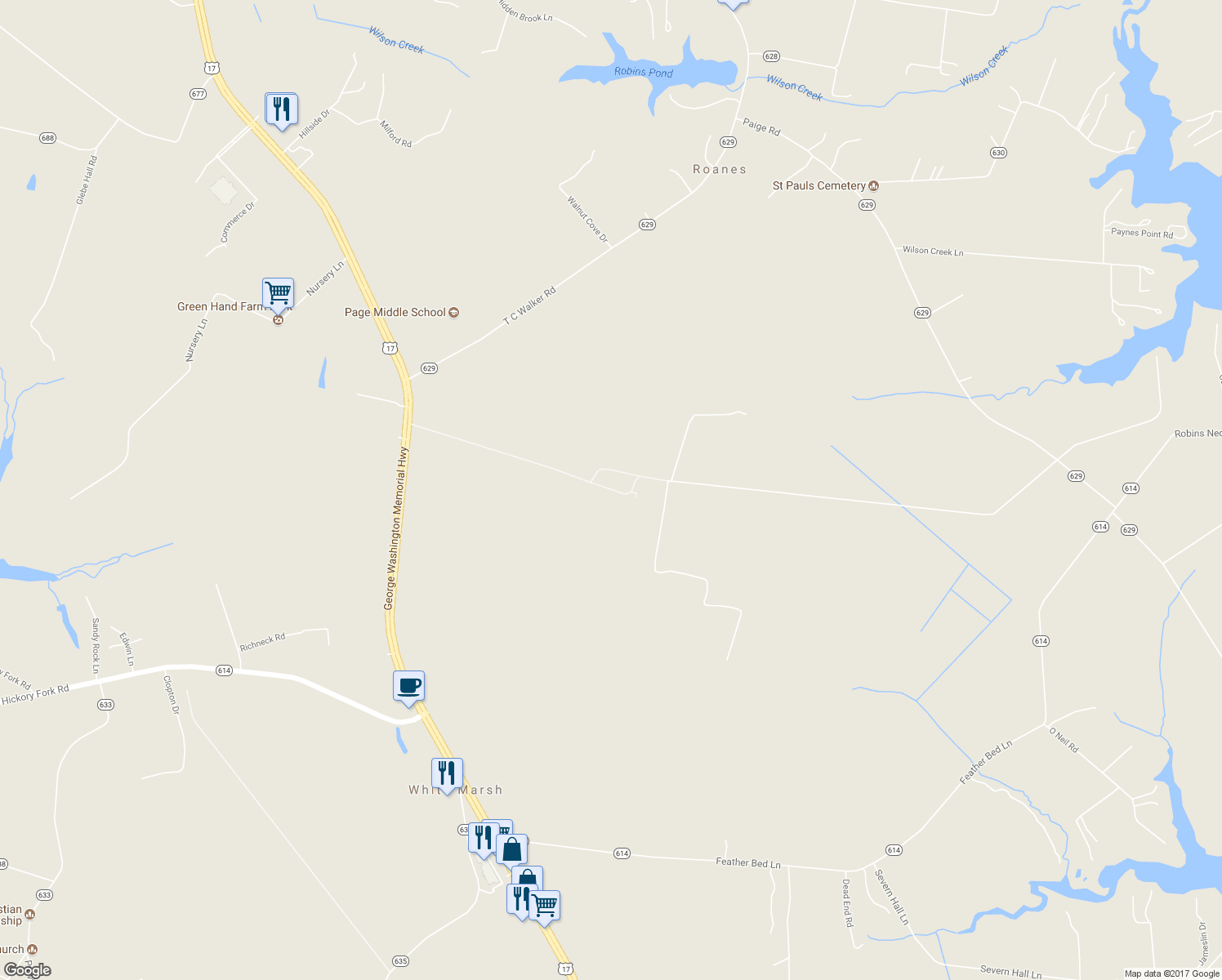 map of restaurants, bars, coffee shops, grocery stores, and more near 5617 George Washington Memorial Highway in Gloucester Courthouse