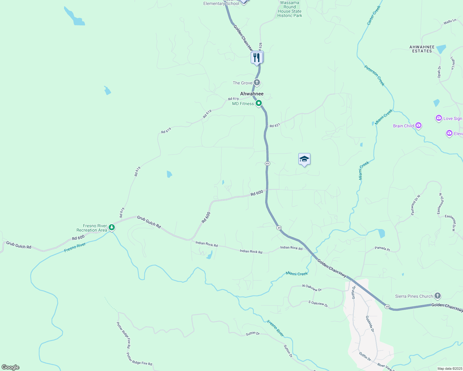 map of restaurants, bars, coffee shops, grocery stores, and more near Woodward Way in Ahwahnee