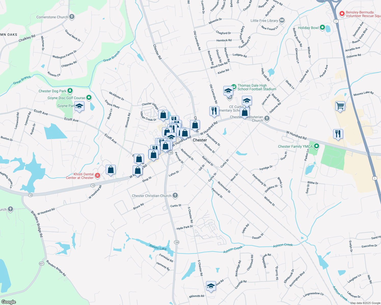 map of restaurants, bars, coffee shops, grocery stores, and more near 12141 Richmond Street in Chester