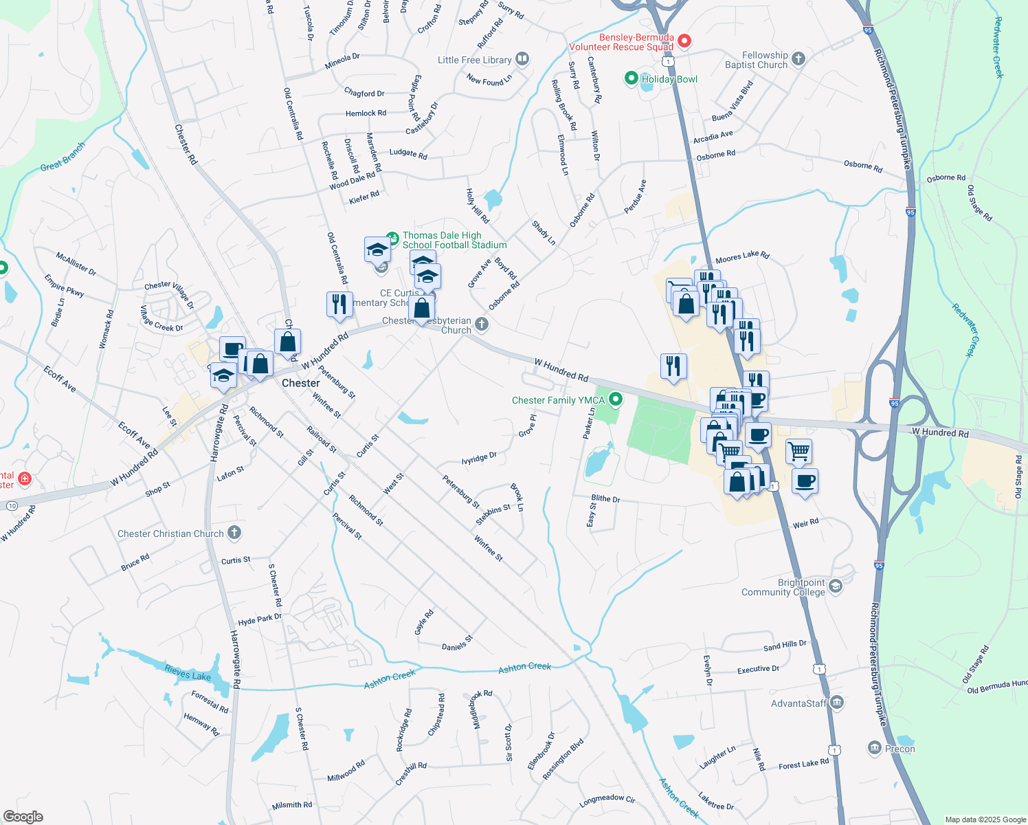 map of restaurants, bars, coffee shops, grocery stores, and more near 3443 Ivyridge Drive in Chester