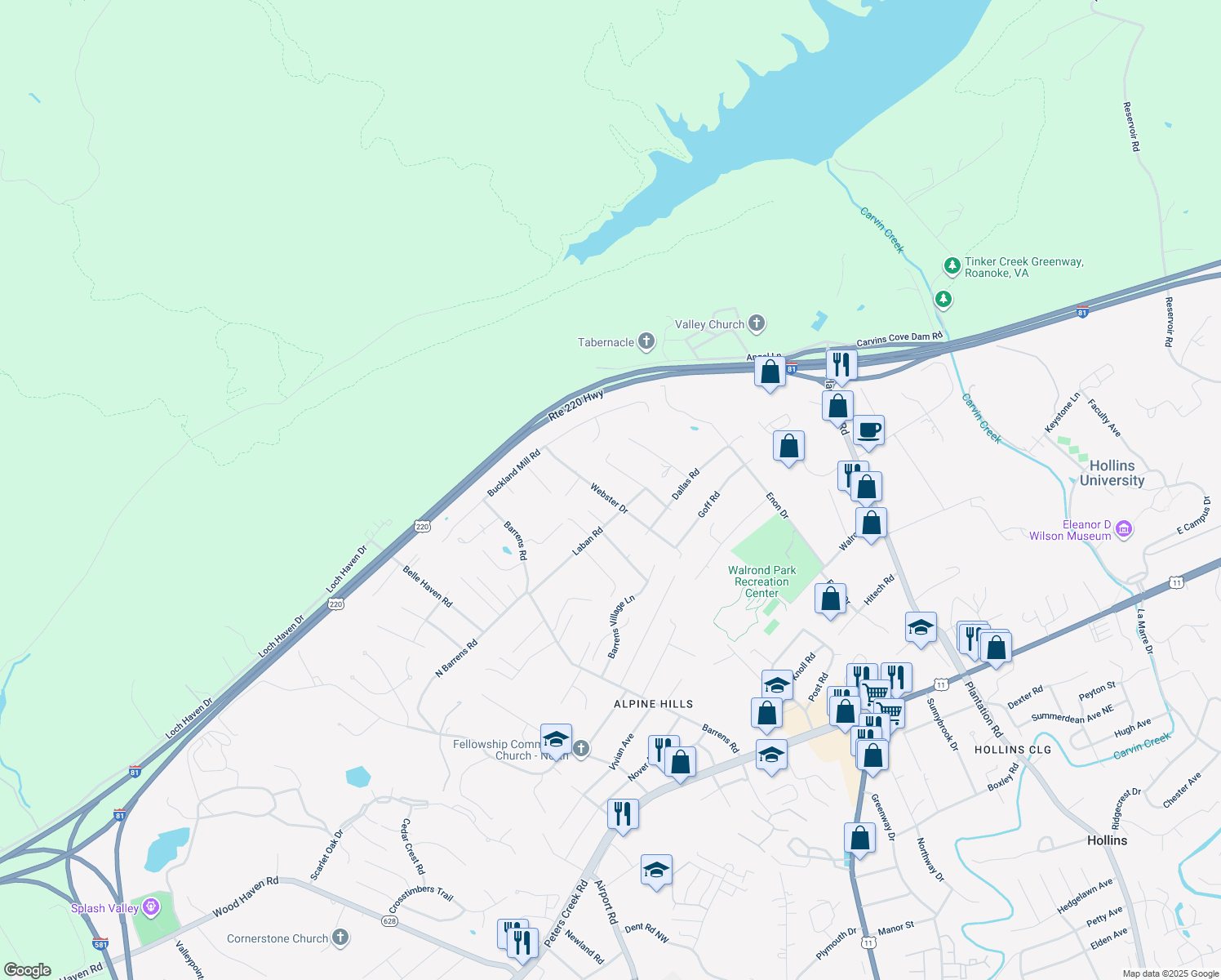 map of restaurants, bars, coffee shops, grocery stores, and more near 8225 Webster Drive in Roanoke