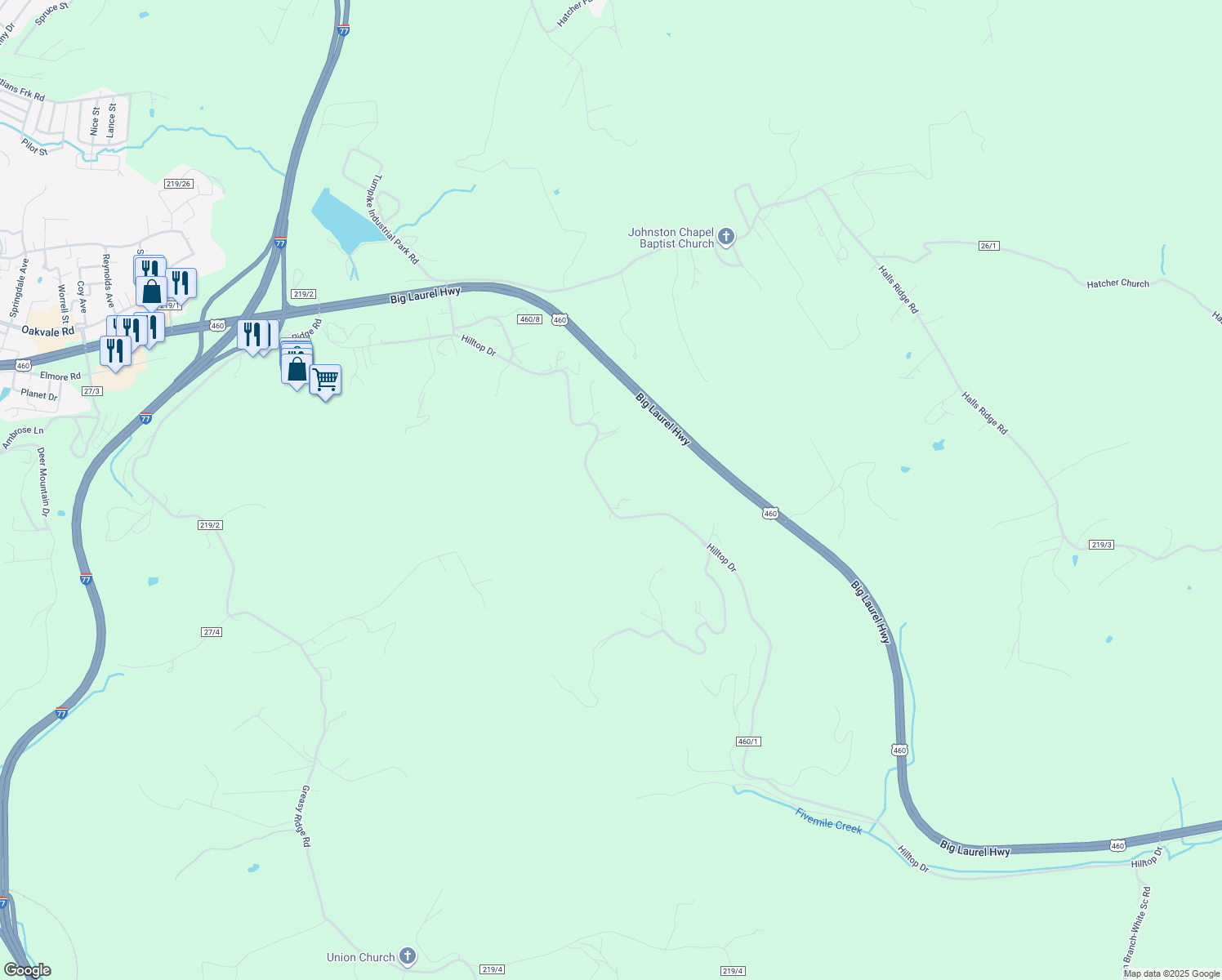 map of restaurants, bars, coffee shops, grocery stores, and more near 1347 Hilltop Drive in Princeton
