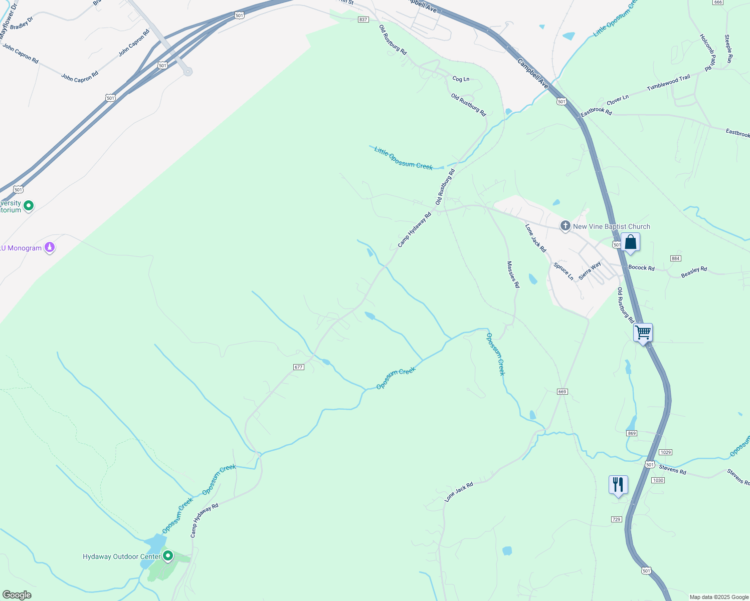 map of restaurants, bars, coffee shops, grocery stores, and more near 58 Clair Lane in Lynchburg