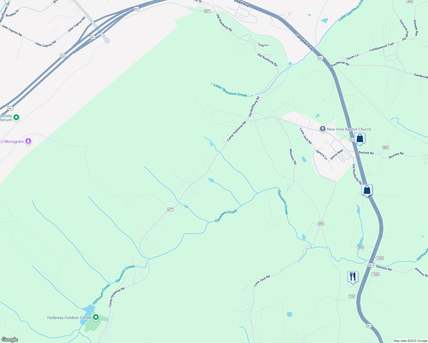map of restaurants, bars, coffee shops, grocery stores, and more near 58 Clair Lane in Lynchburg