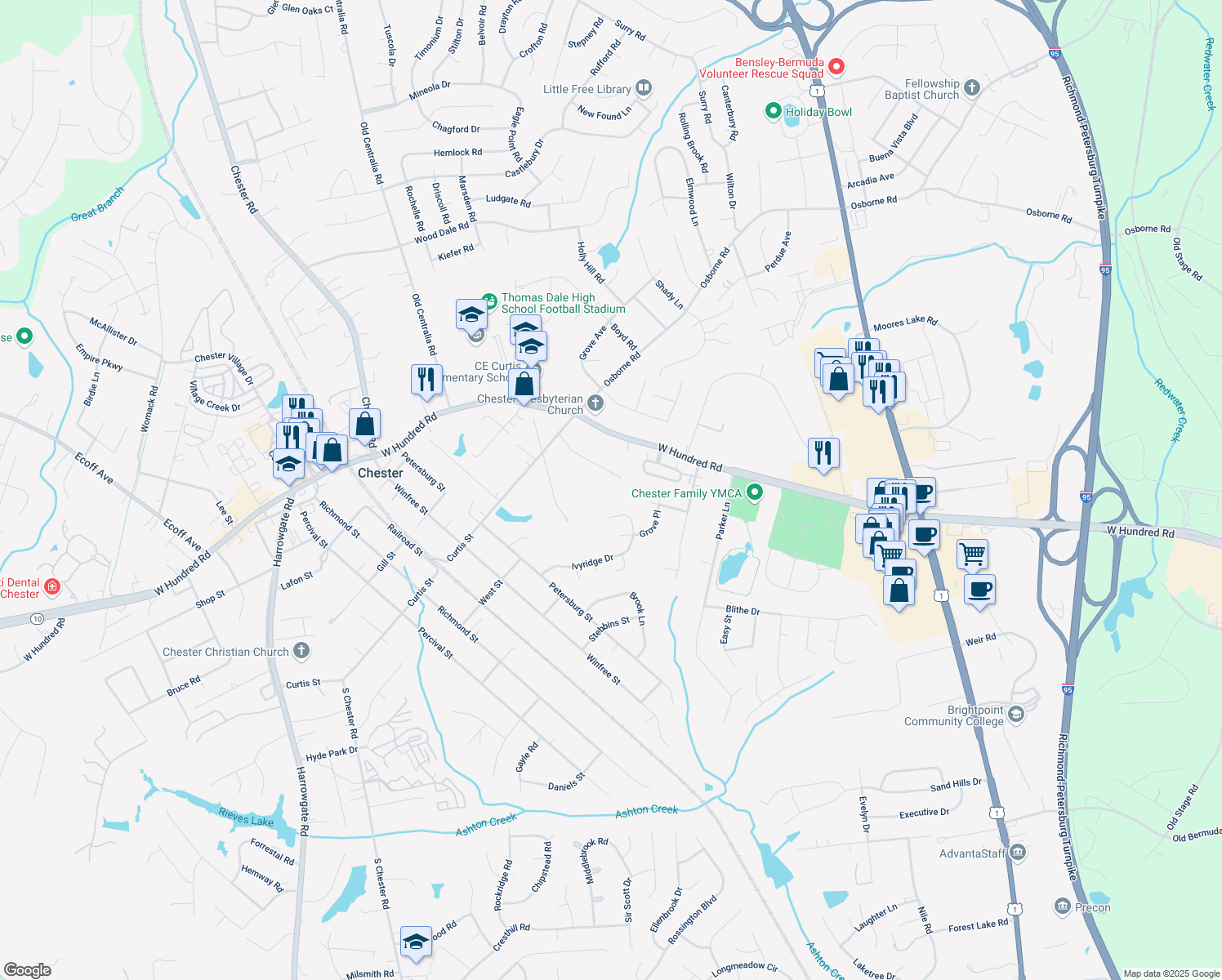 map of restaurants, bars, coffee shops, grocery stores, and more near 3301 Curtis Cir in Chester