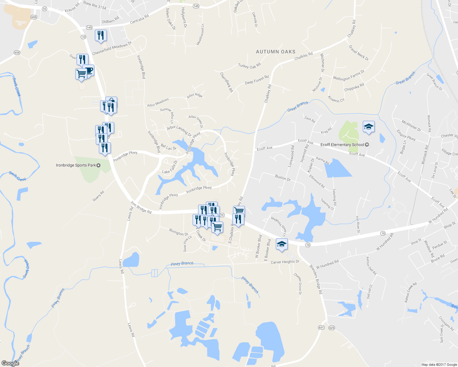 map of restaurants, bars, coffee shops, grocery stores, and more near 11801 Brentwood Arbor Court in Chester