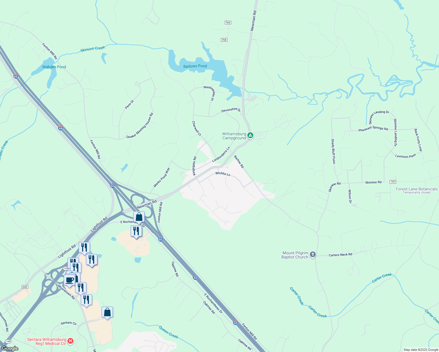 map of restaurants, bars, coffee shops, grocery stores, and more near 116 Wichita Lane in Williamsburg