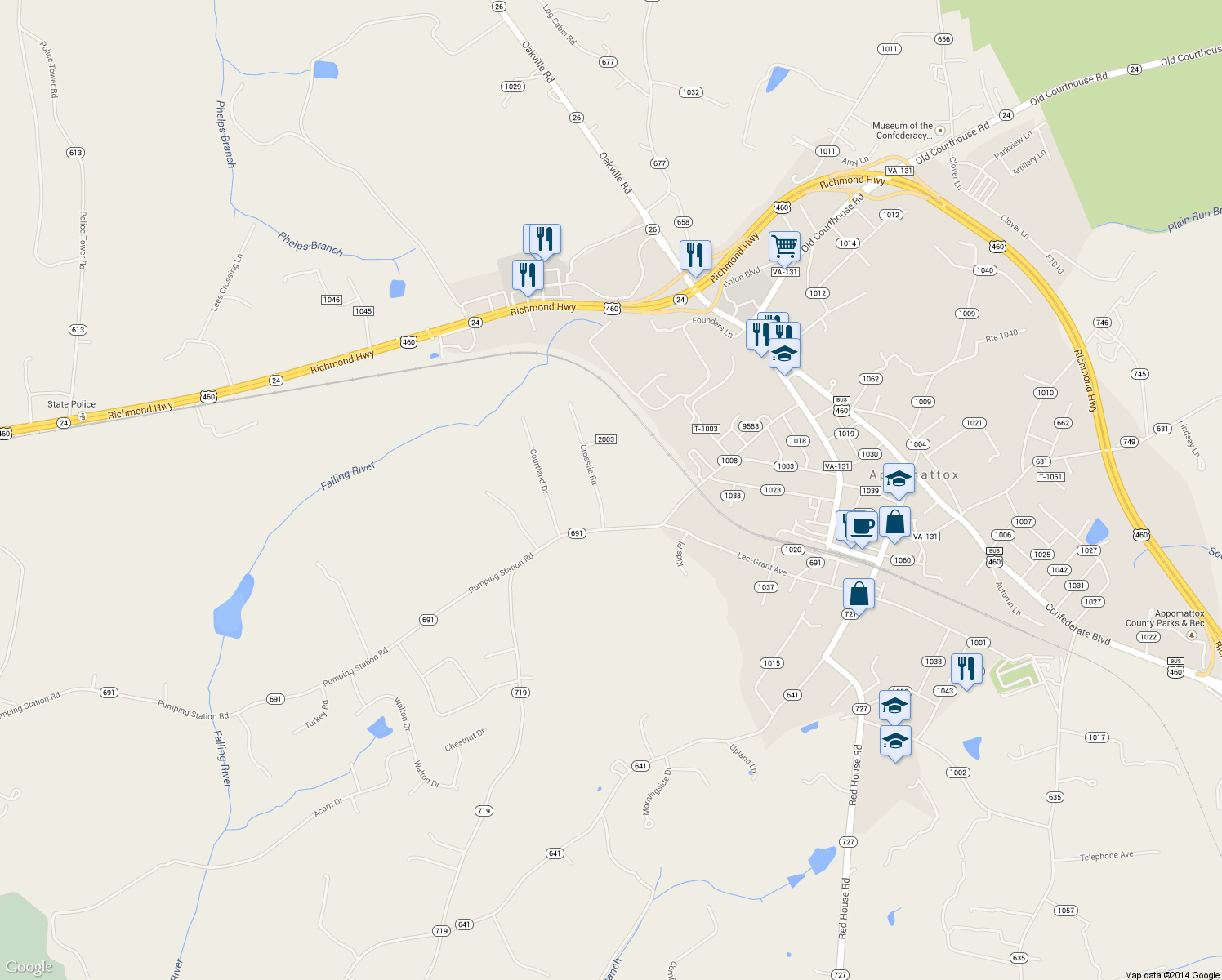 map of restaurants, bars, coffee shops, grocery stores, and more near 208 Crosstie Road in Appomattox