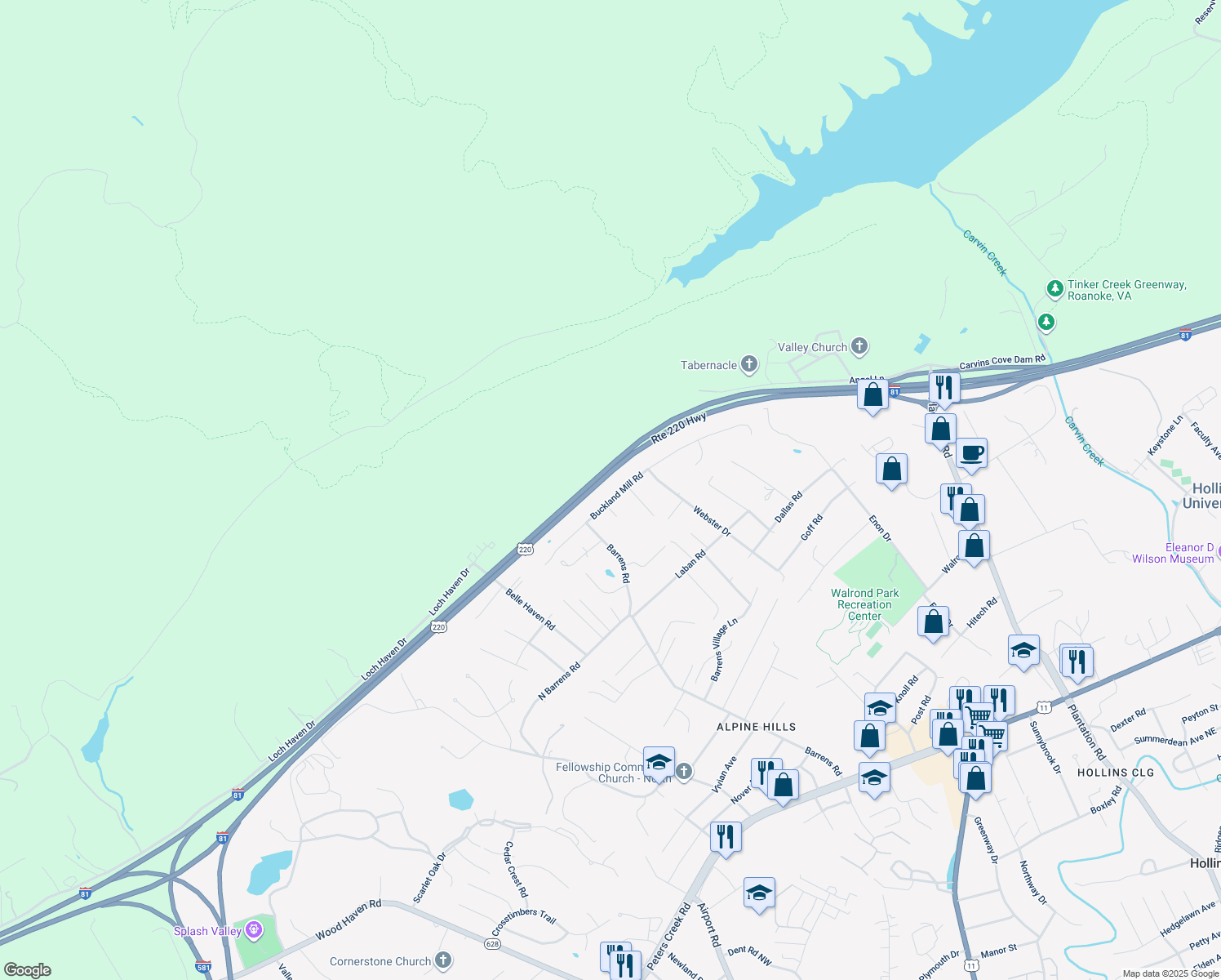 map of restaurants, bars, coffee shops, grocery stores, and more near 5980 Buckland Mill Road in Roanoke