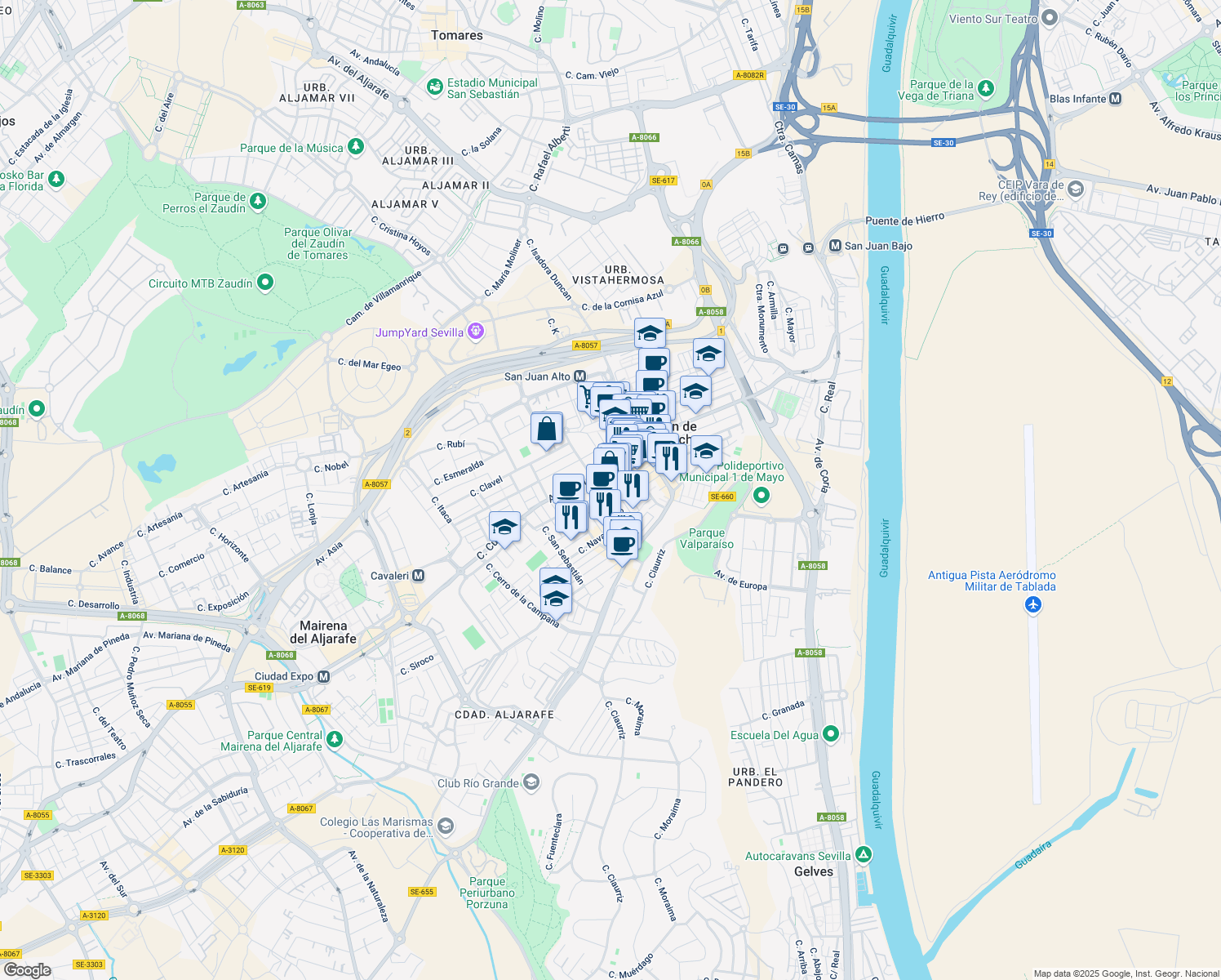 map of restaurants, bars, coffee shops, grocery stores, and more near 15 Avenida de Mairena in San Juan de Aznalfarache