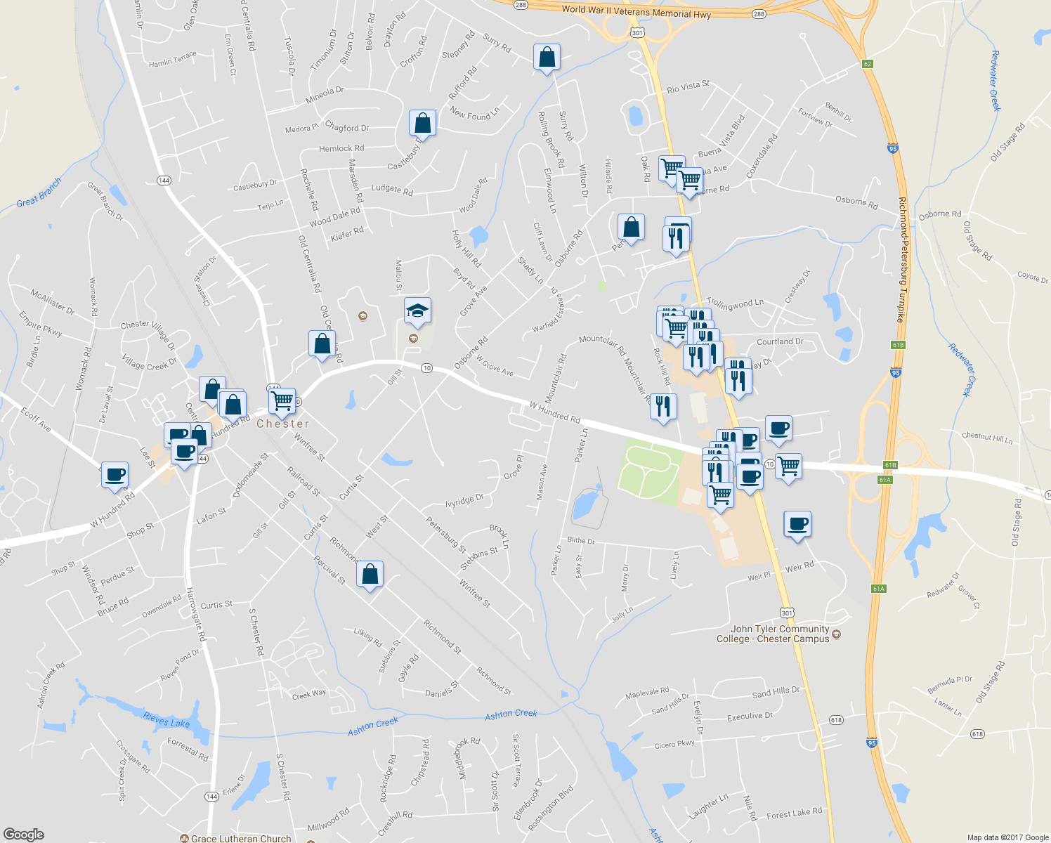 map of restaurants, bars, coffee shops, grocery stores, and more near 3316 Stone Manor Circle in Chester