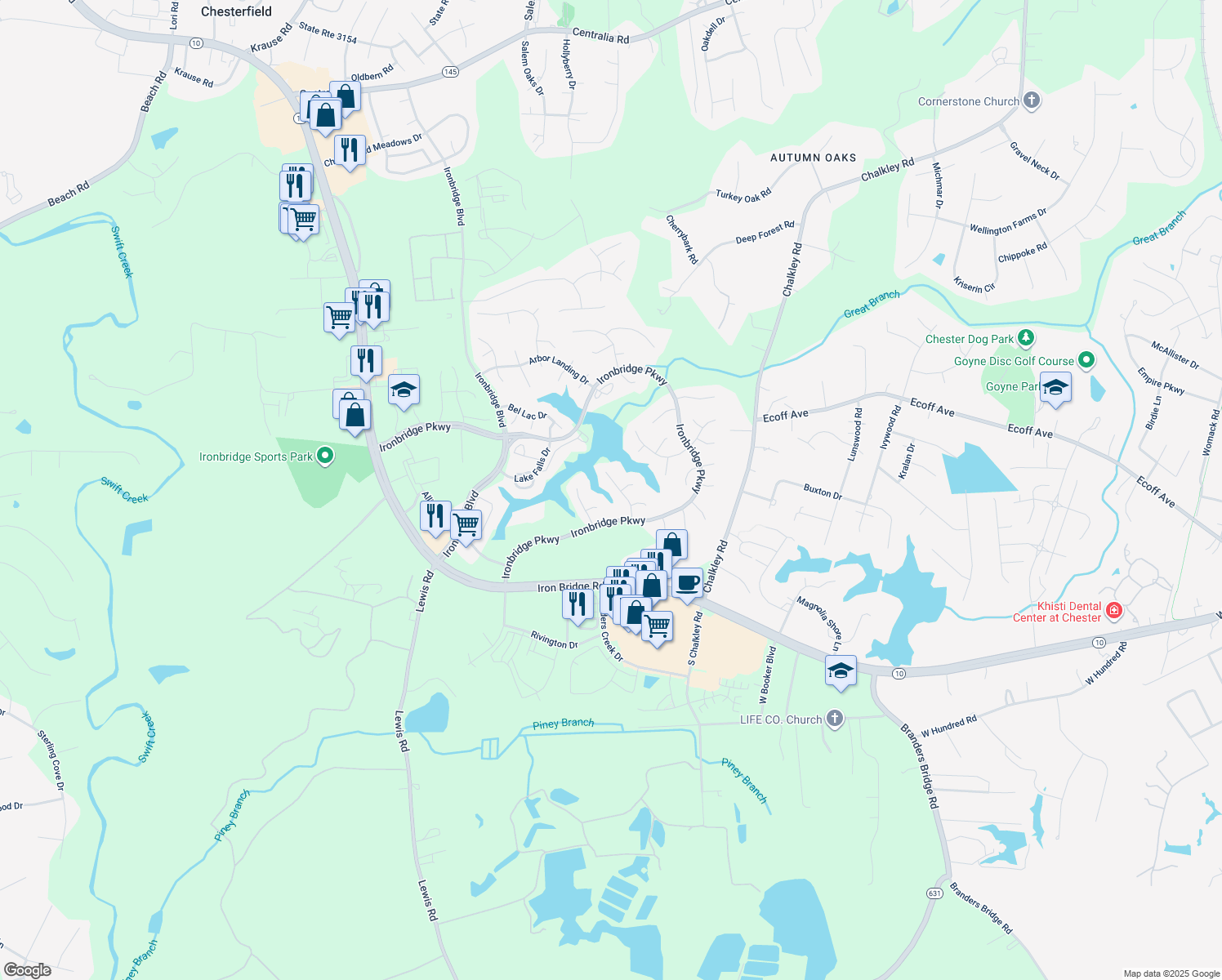 map of restaurants, bars, coffee shops, grocery stores, and more near 11630 Drayton Landing Drive in Chester