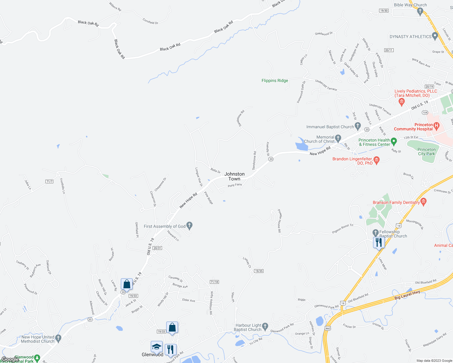 map of restaurants, bars, coffee shops, grocery stores, and more near 2205 New Hope Road in Princeton
