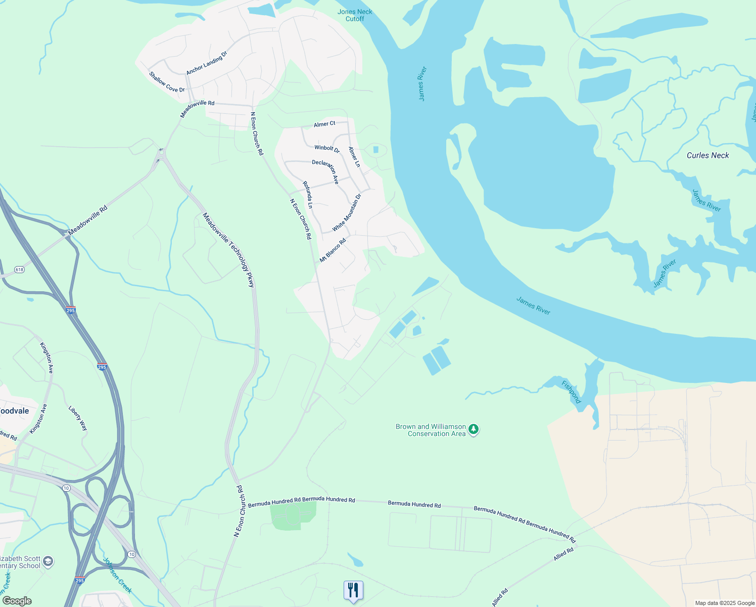 map of restaurants, bars, coffee shops, grocery stores, and more near 12909 Norlanya Drive in Chester