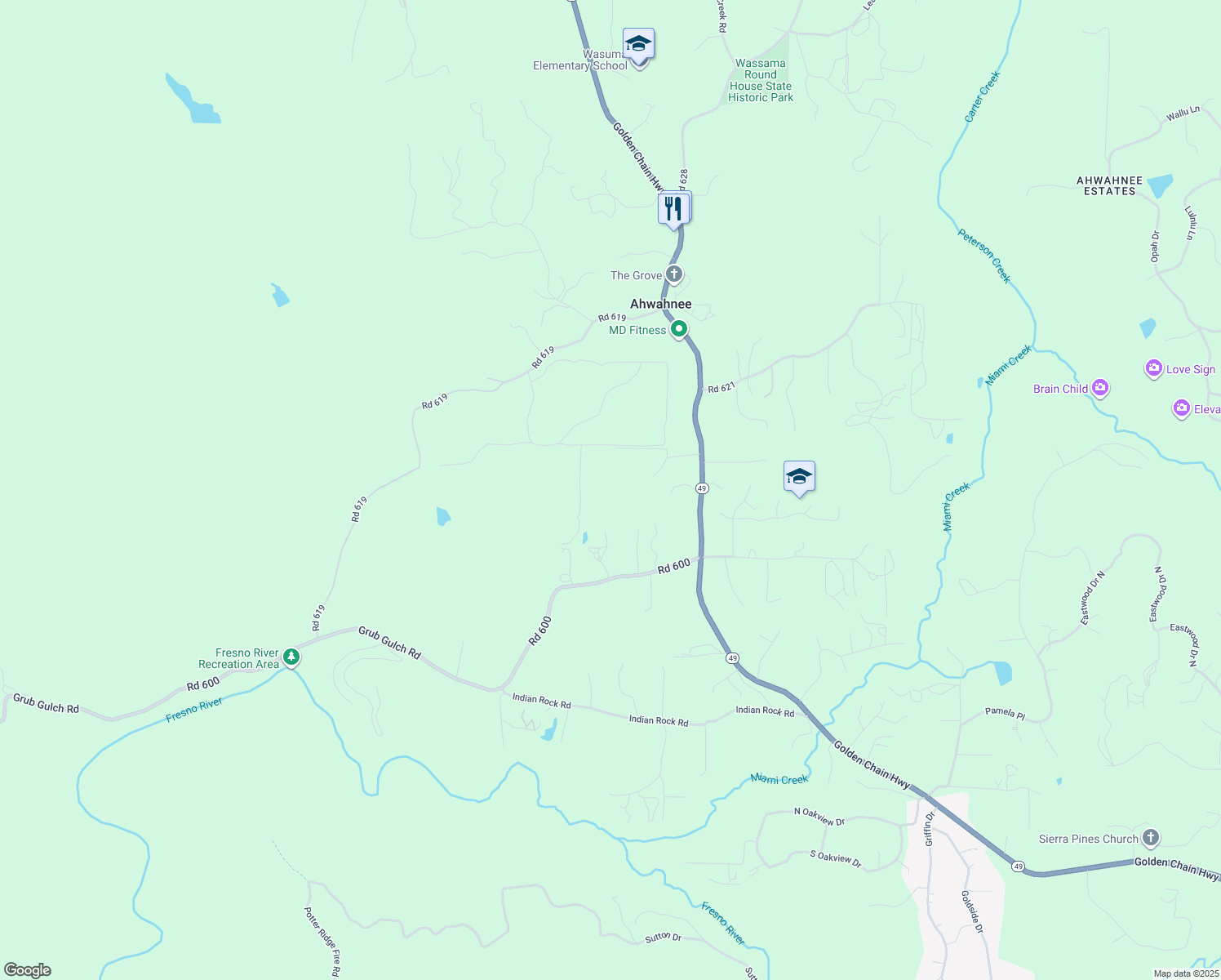 map of restaurants, bars, coffee shops, grocery stores, and more near Woodward Way in Ahwahnee
