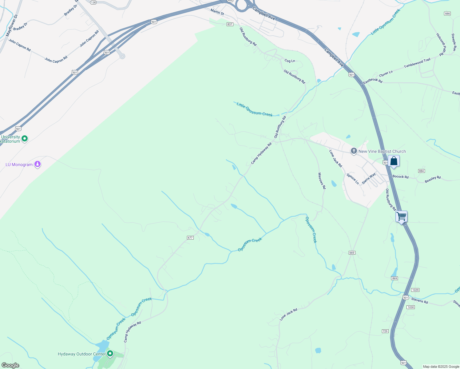 map of restaurants, bars, coffee shops, grocery stores, and more near 2586 Camp Hydaway Road in Lynchburg