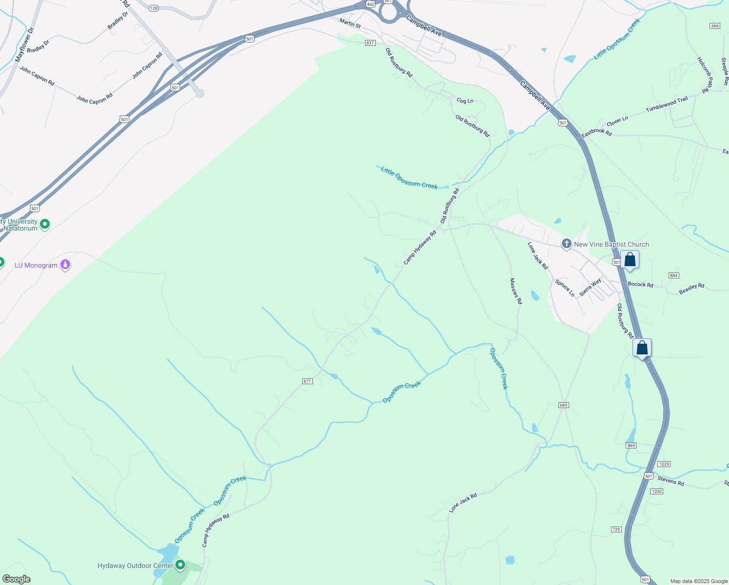 map of restaurants, bars, coffee shops, grocery stores, and more near 2586 Camp Hydaway Road in Lynchburg