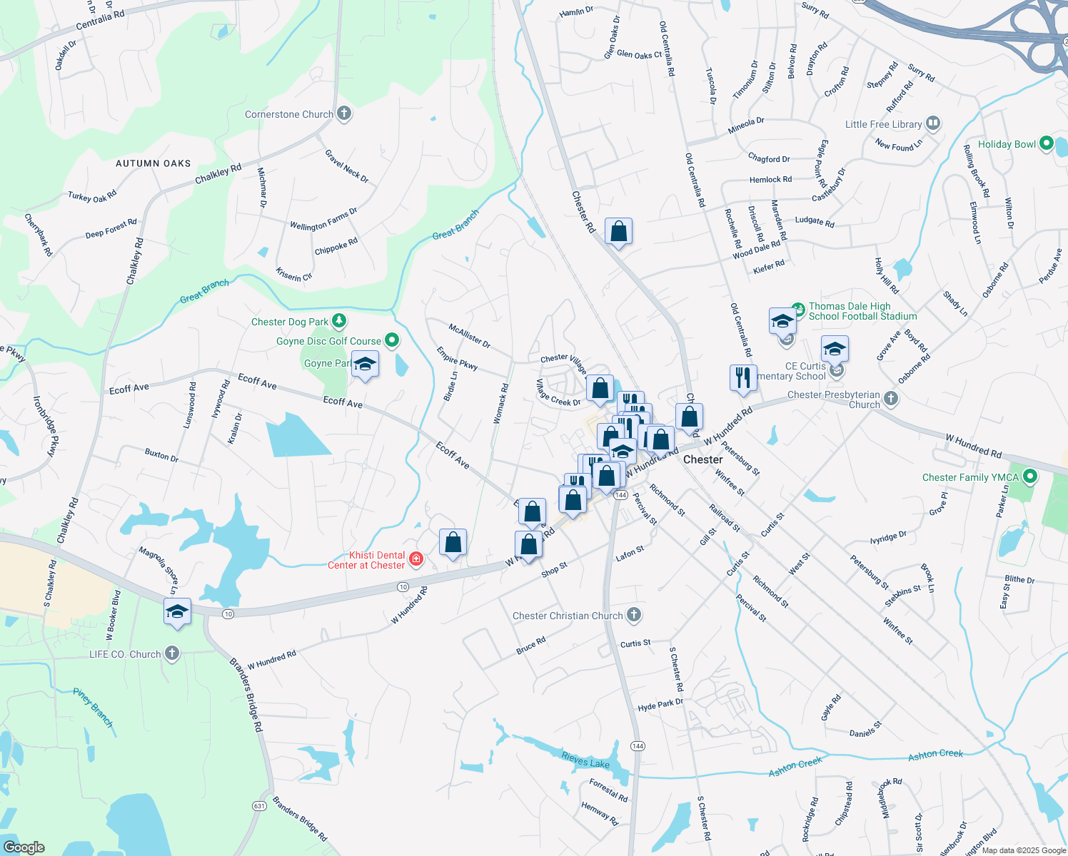 map of restaurants, bars, coffee shops, grocery stores, and more near 11724 Village Garden Drive in Chester