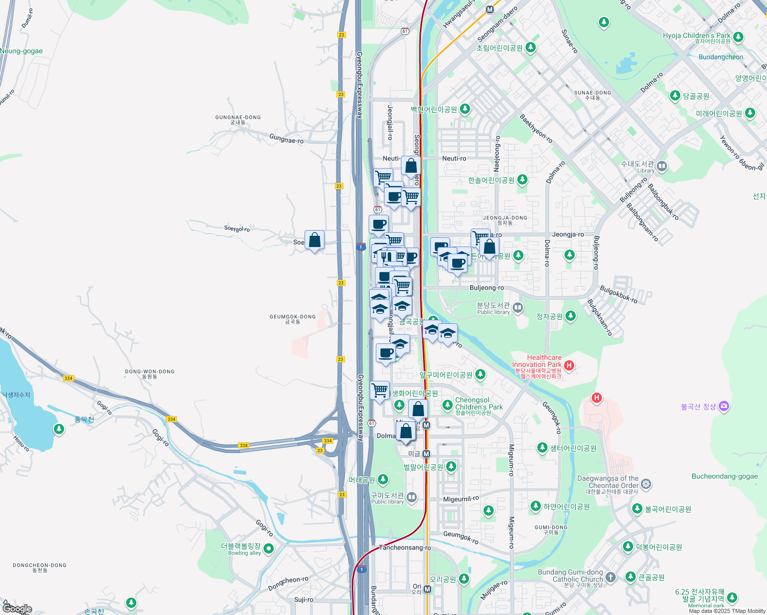map of restaurants, bars, coffee shops, grocery stores, and more near in Seongnam-si