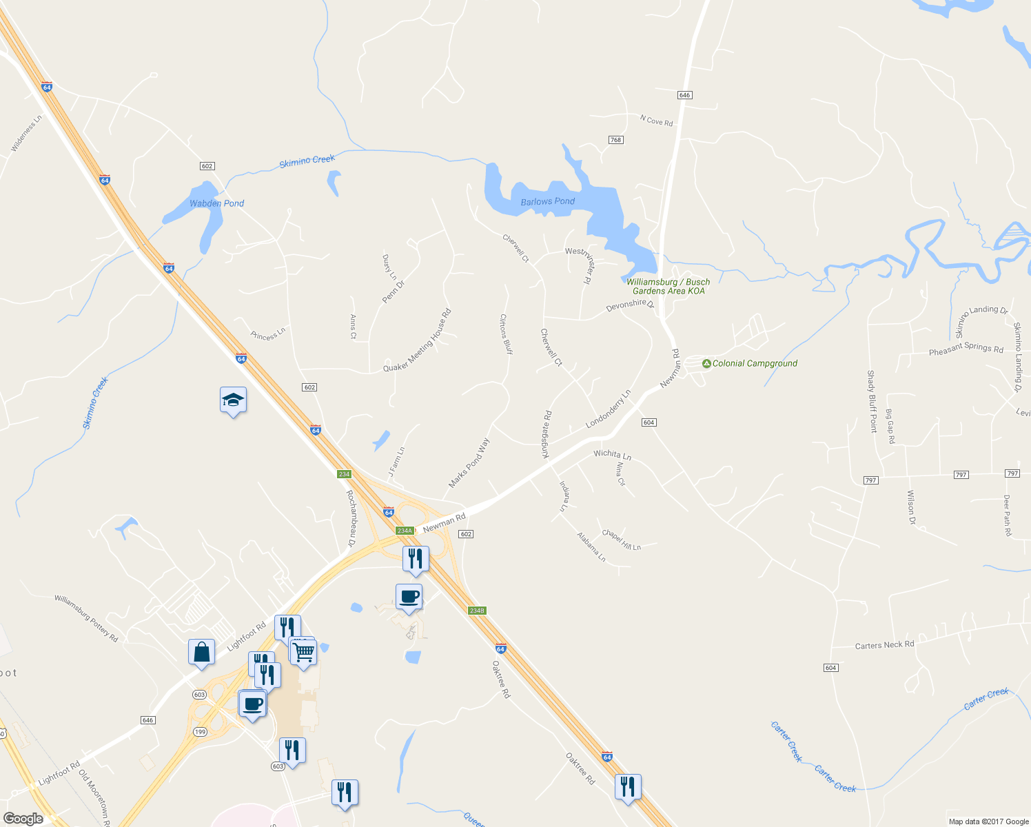 map of restaurants, bars, coffee shops, grocery stores, and more near 404 Marks Pond Way in Williamsburg