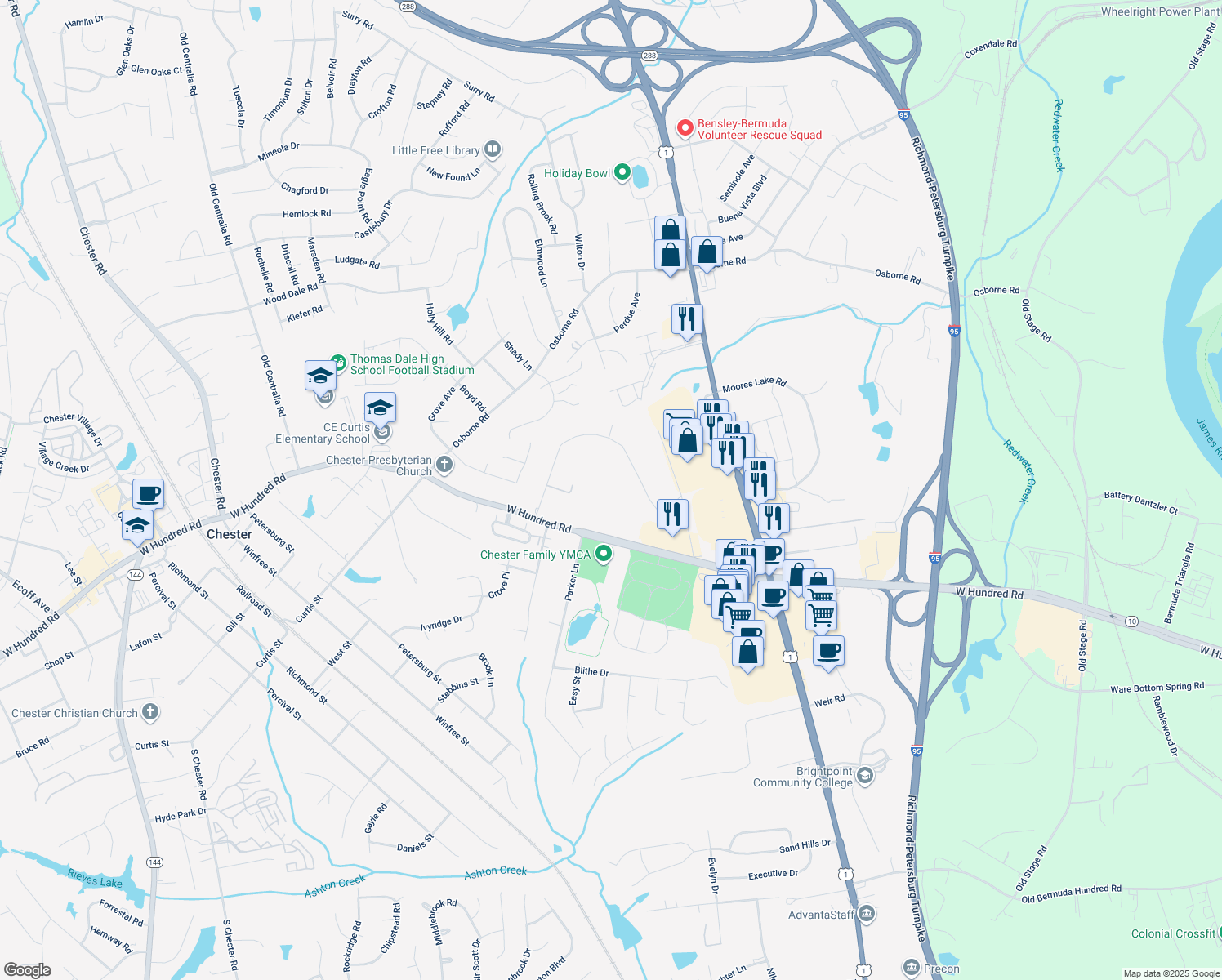 map of restaurants, bars, coffee shops, grocery stores, and more near 12125 Park Road in Chester