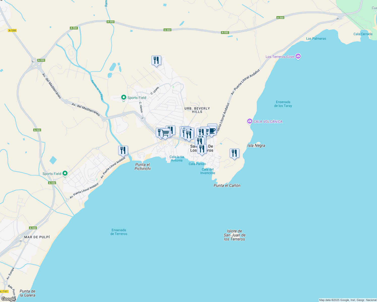 map of restaurants, bars, coffee shops, grocery stores, and more near 236 Calle Goya in San Juan de los Terreros