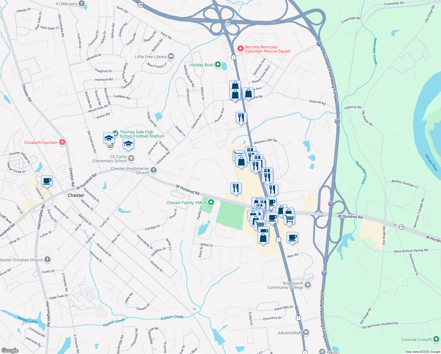 map of restaurants, bars, coffee shops, grocery stores, and more near 2941 Mountclair Road in Chester