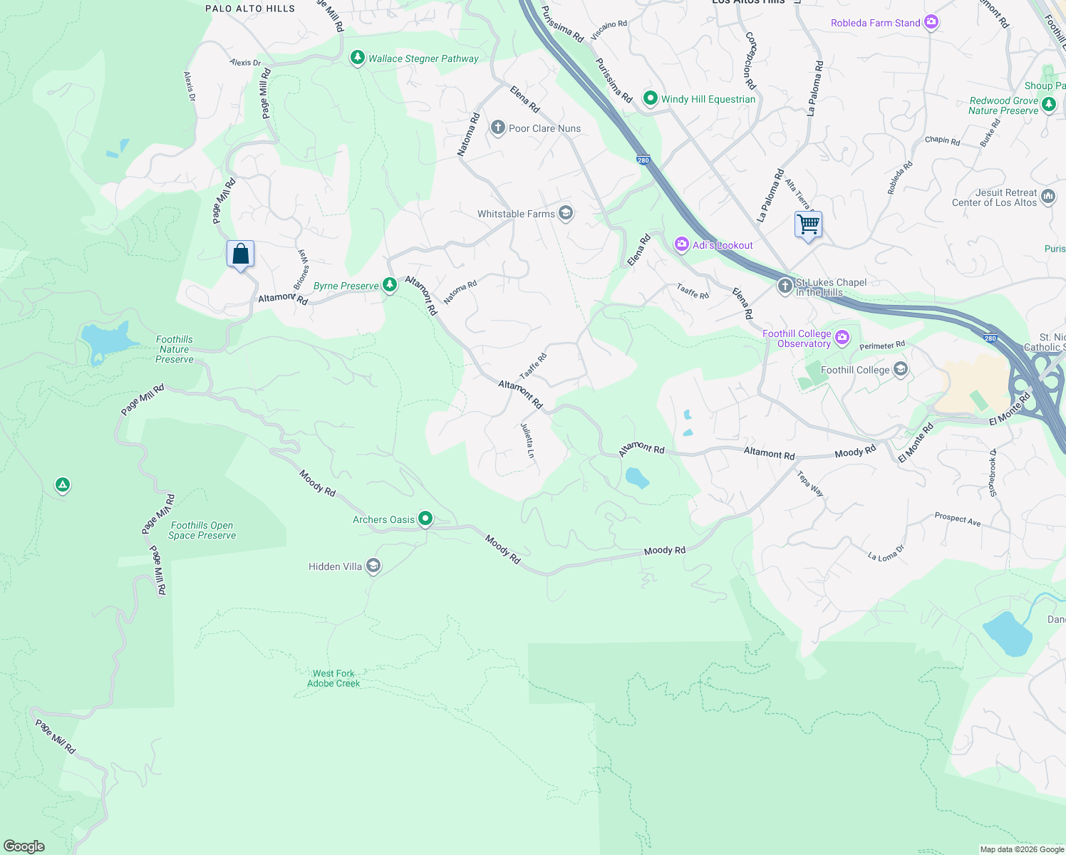 map of restaurants, bars, coffee shops, grocery stores, and more near 27250 Julietta Lane in Los Altos Hills