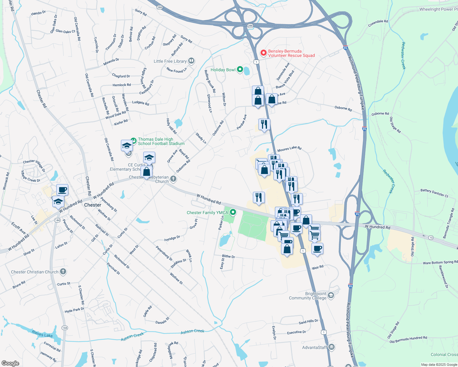 map of restaurants, bars, coffee shops, grocery stores, and more near 12112 Park Rd in Chester