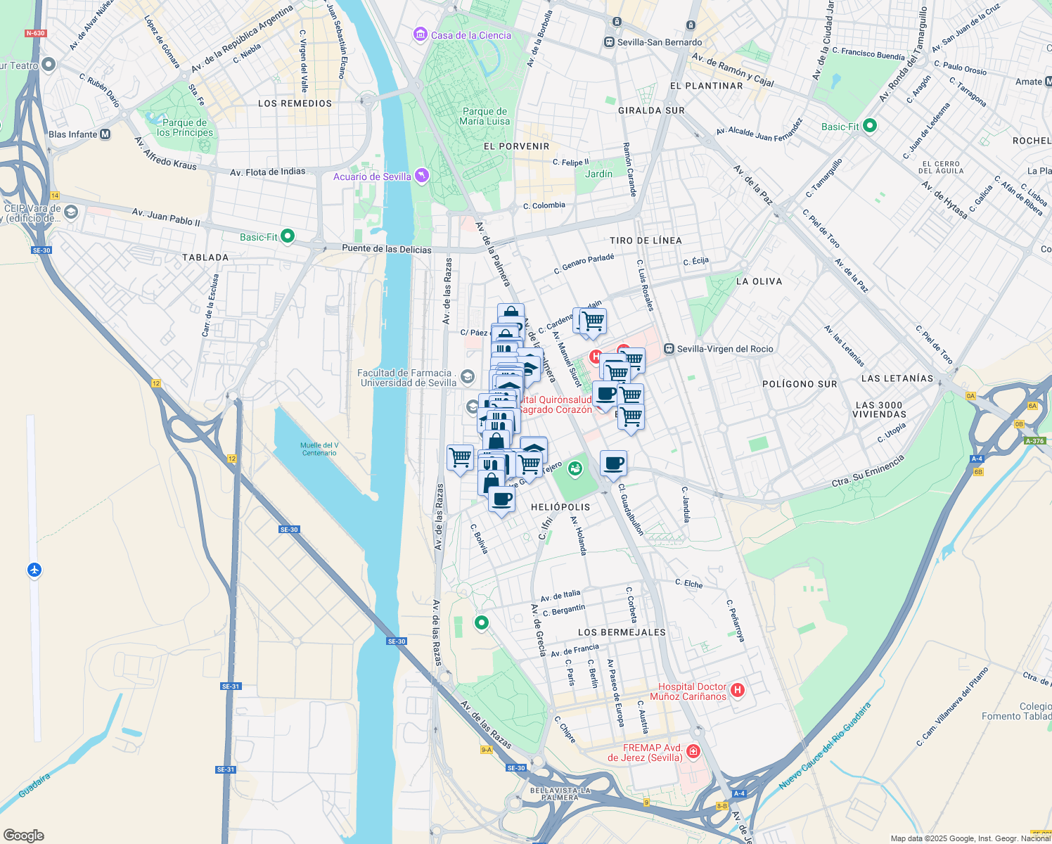 map of restaurants, bars, coffee shops, grocery stores, and more near 10 Calle San Antonio María Claret in Sevilla