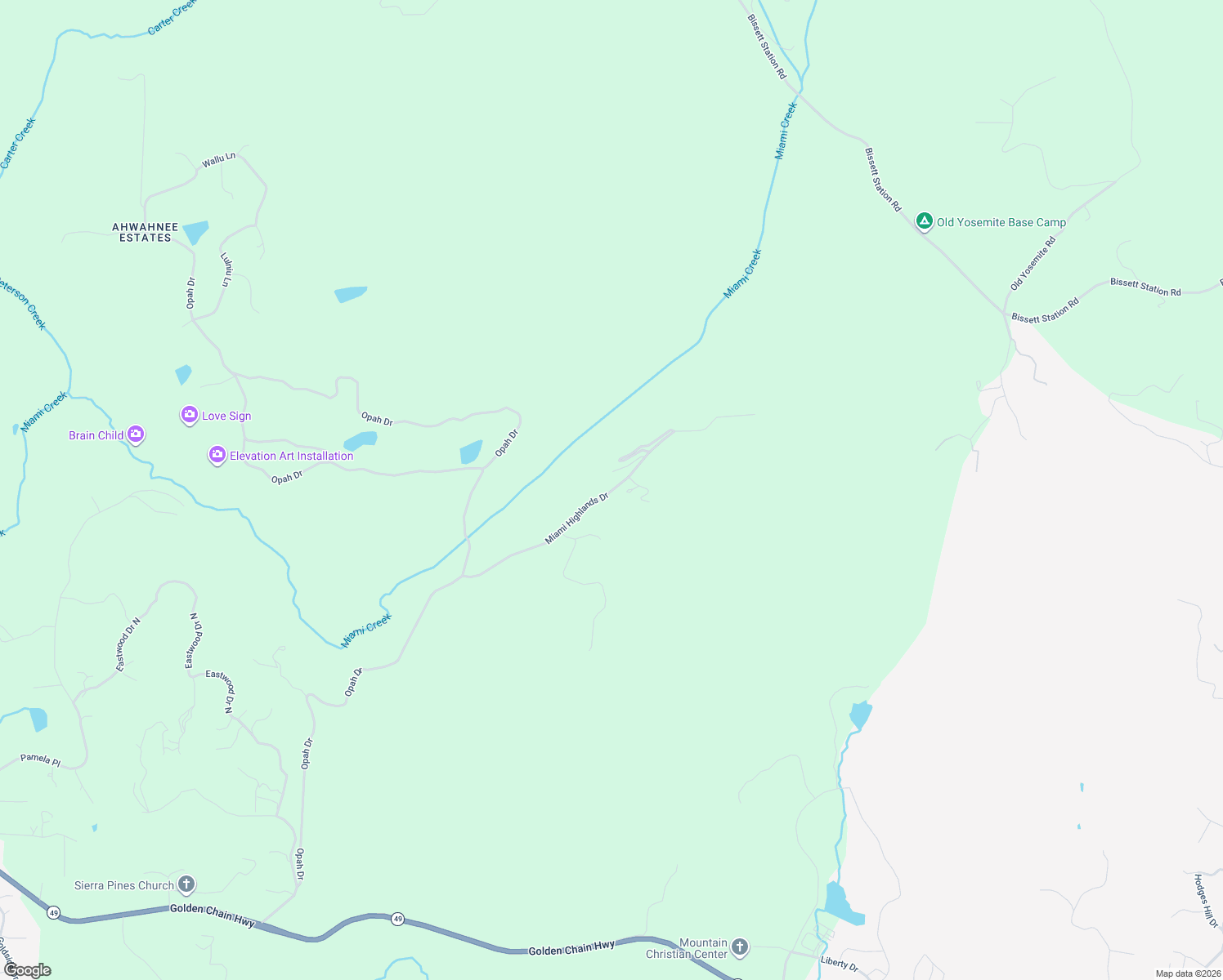 map of restaurants, bars, coffee shops, grocery stores, and more near Miami Highlands Drive in Oakhurst