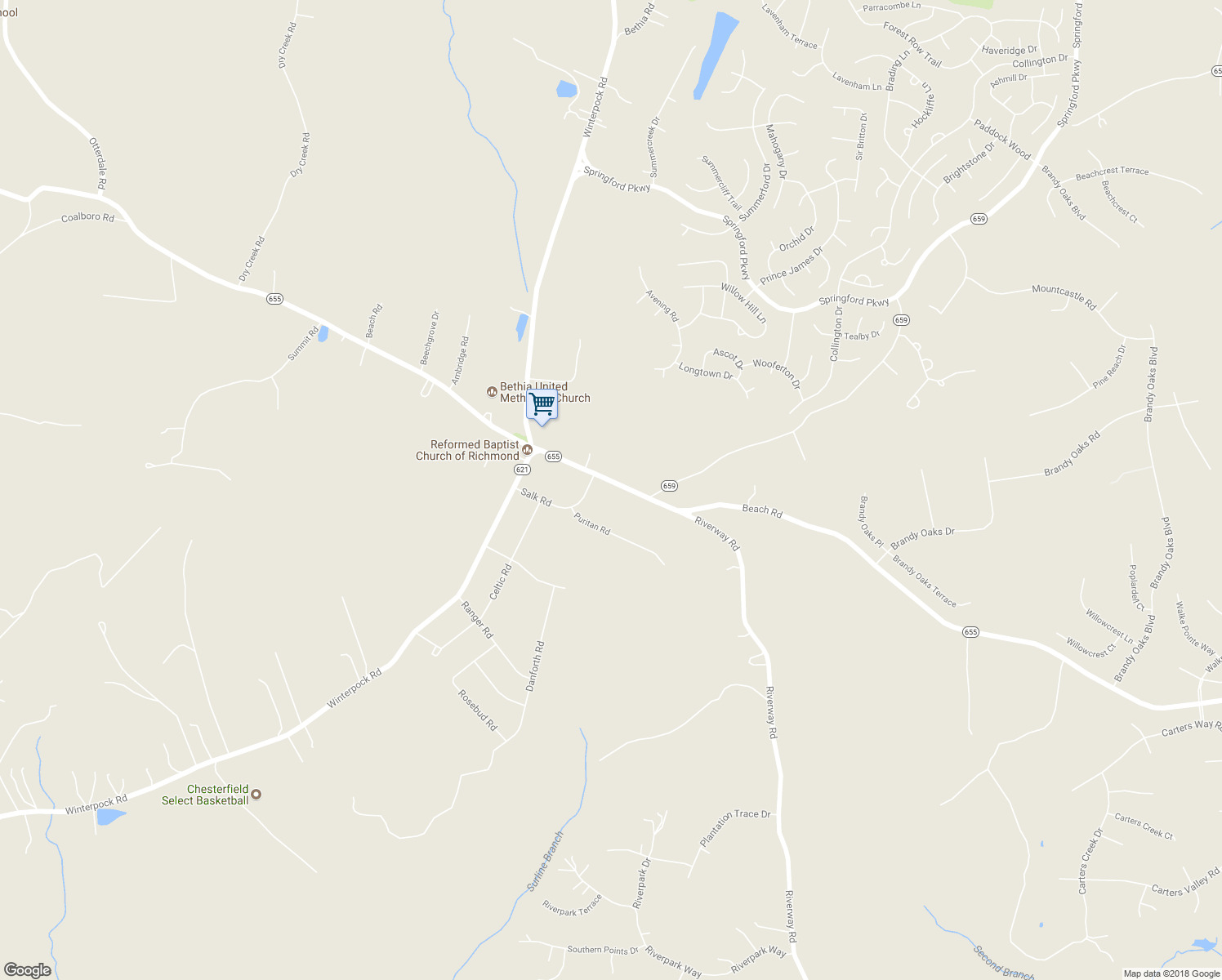 map of restaurants, bars, coffee shops, grocery stores, and more near 14241 Beach Road in Chesterfield