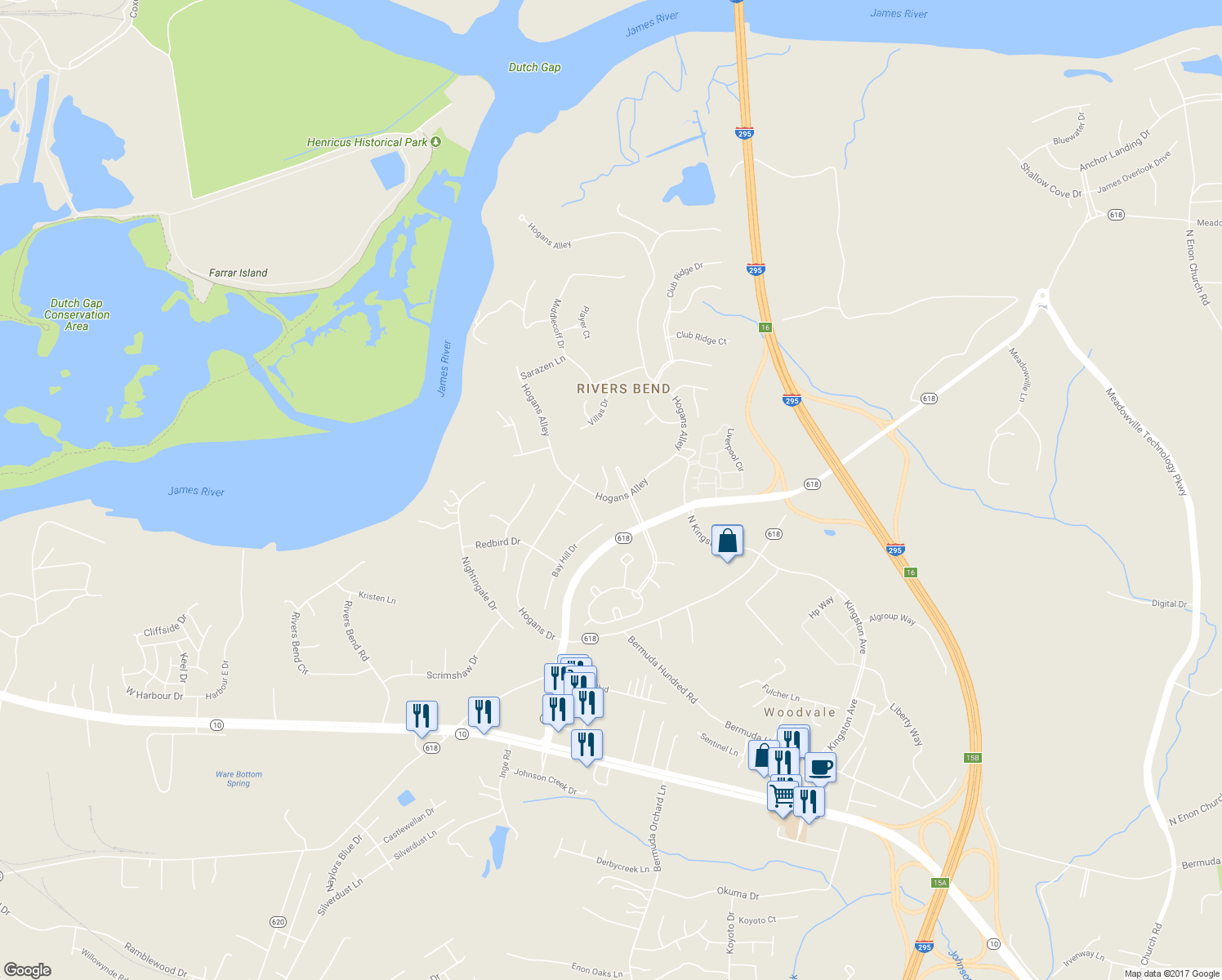 map of restaurants, bars, coffee shops, grocery stores, and more near 12412 Hogans Alley in Chester