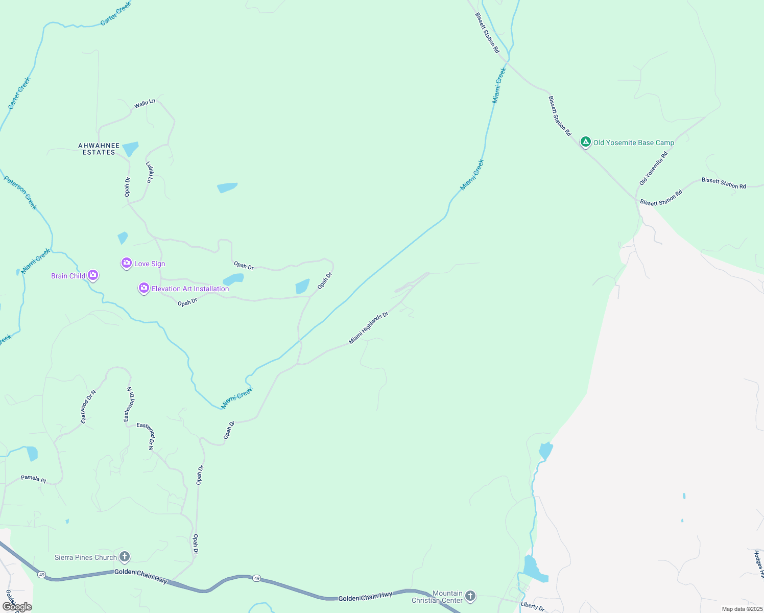 map of restaurants, bars, coffee shops, grocery stores, and more near 47587 Miami Highlands Drive in Oakhurst