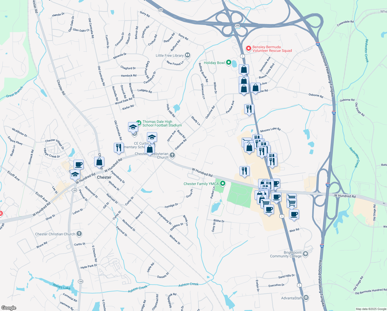 map of restaurants, bars, coffee shops, grocery stores, and more near 3207 Poinsetta Ct in Chester